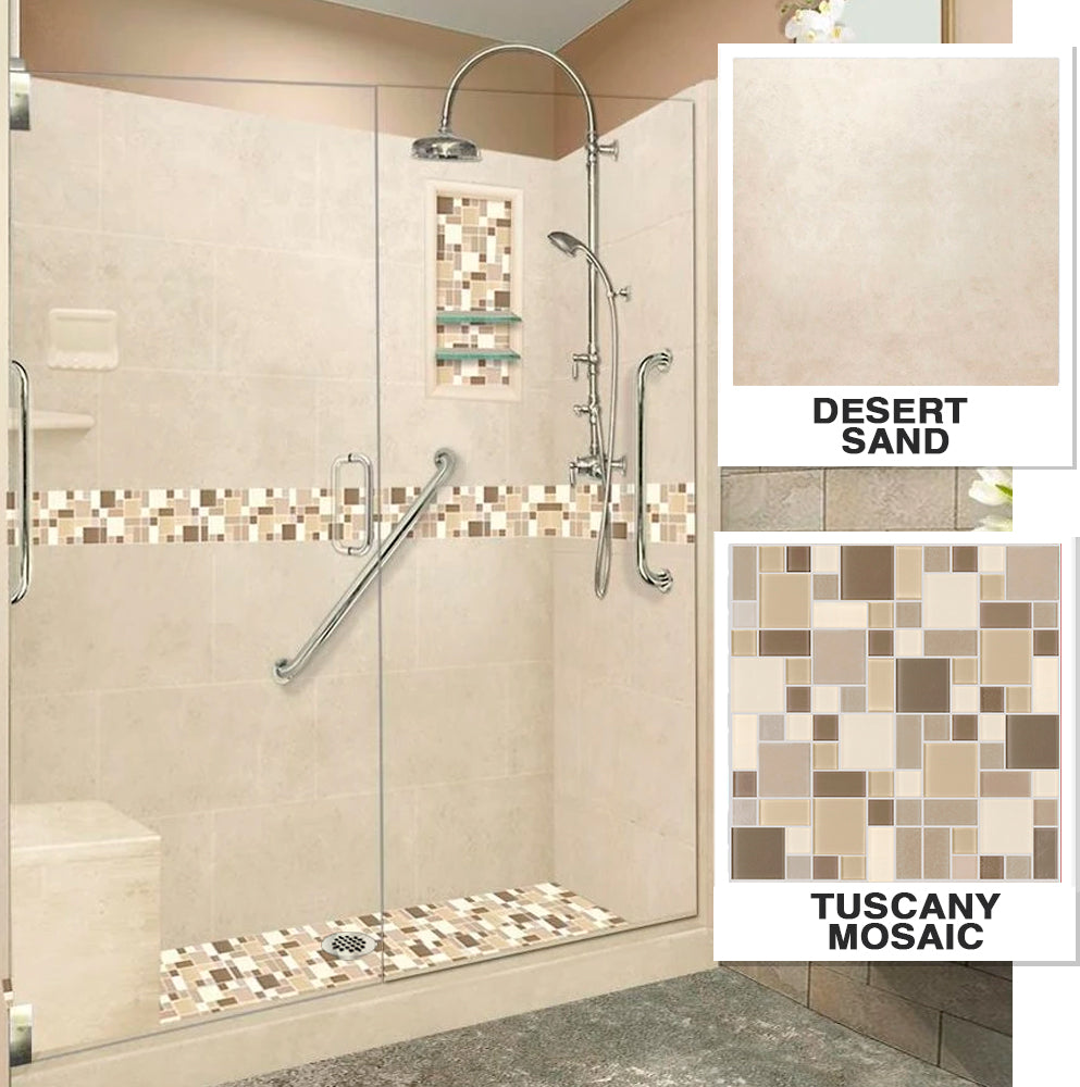 Freedom 60 Alcove Shower Kit - Desert Sand Sistine Stone & Tuscany Mosaic Tile Accent - DIY Shower Remodel for Bathroom Renovation | Perfect for Home Upgrade and Bathroom Makeover Projects