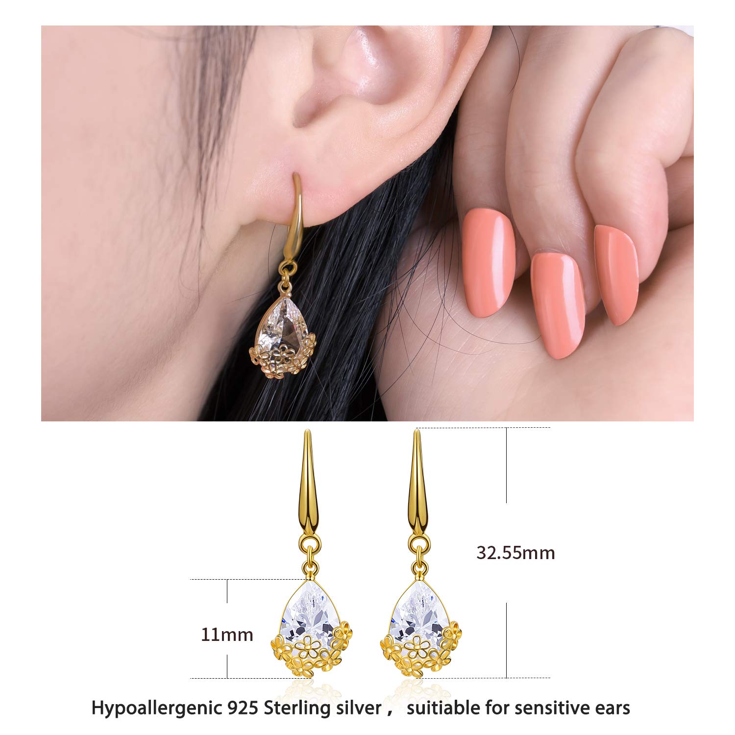 18K Gold Plated Floral Teardrop Earrings - Elegant Plum Blossom Crystal Dangle Hoop Earrings for Women, Christmas Gift Jewelry with Gift Box (Perfect for Parties, Weddings & Date Nights)