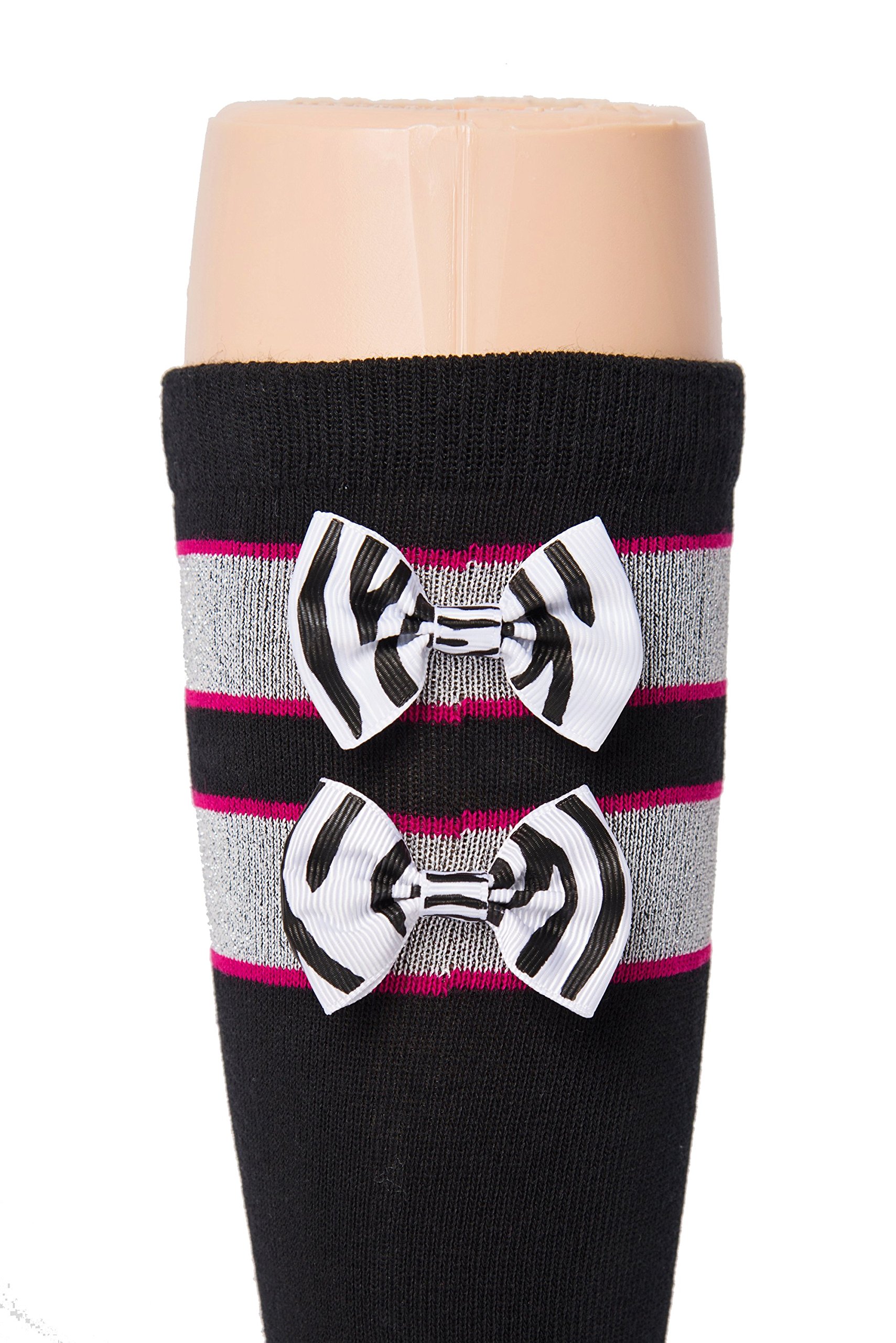 Black Girls Sports Socks - Pink, Black & Silver Zebra Print Bow - Kids Size 9-2.5 - Soccer, Volleyball, Field Hockey, Softball Socks - Perfect for School Sports, Team Games & Athletic Performance