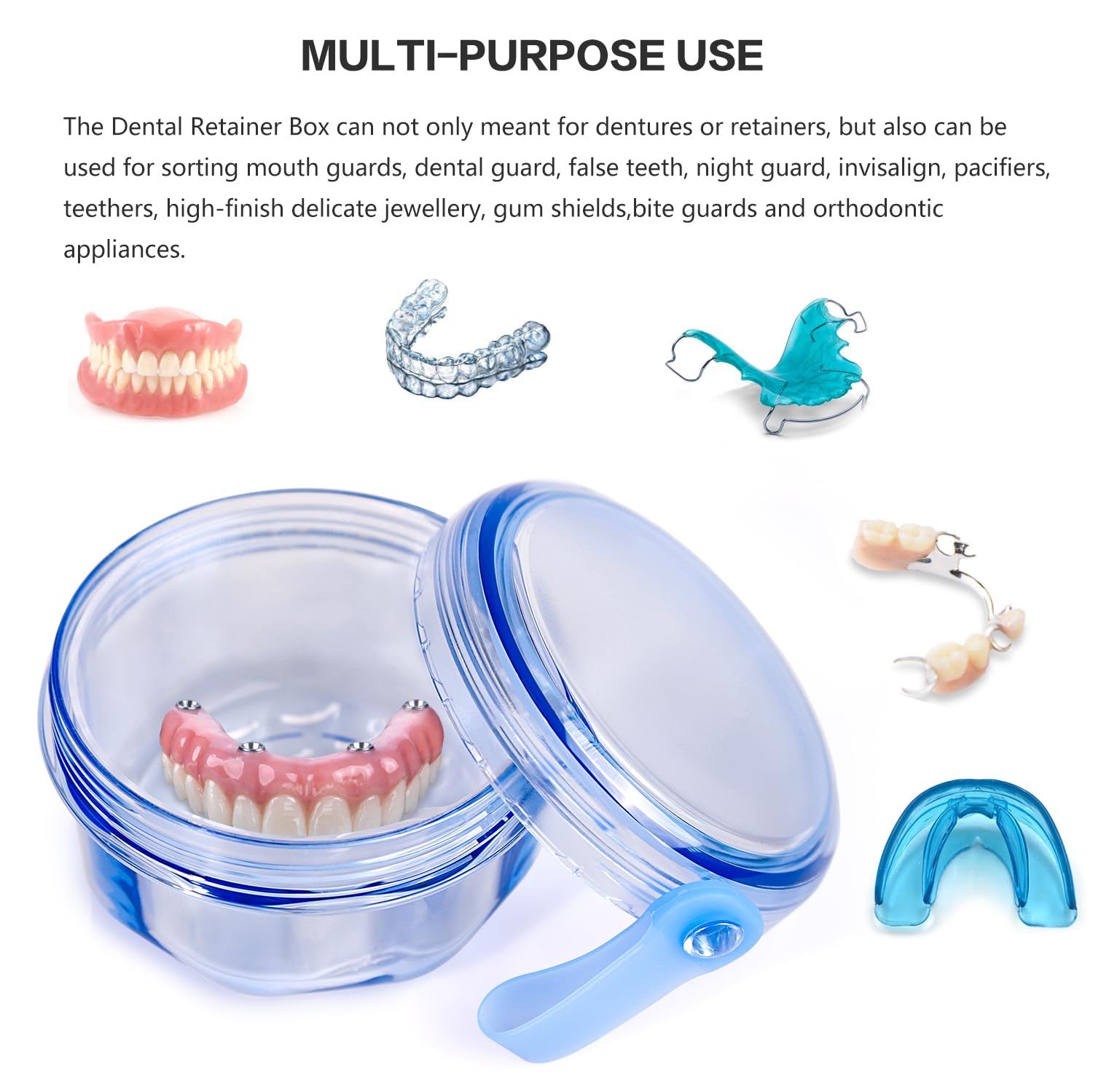 Leak Proof Portable Denture Bath Case - Denture Cleaning Cup & False Teeth Holder, Night Guard & Retainer Soaking Container Box for Travel, Home & Office - Transparent Blue - Perfect for Daily Oral Care & Travel Hygiene
