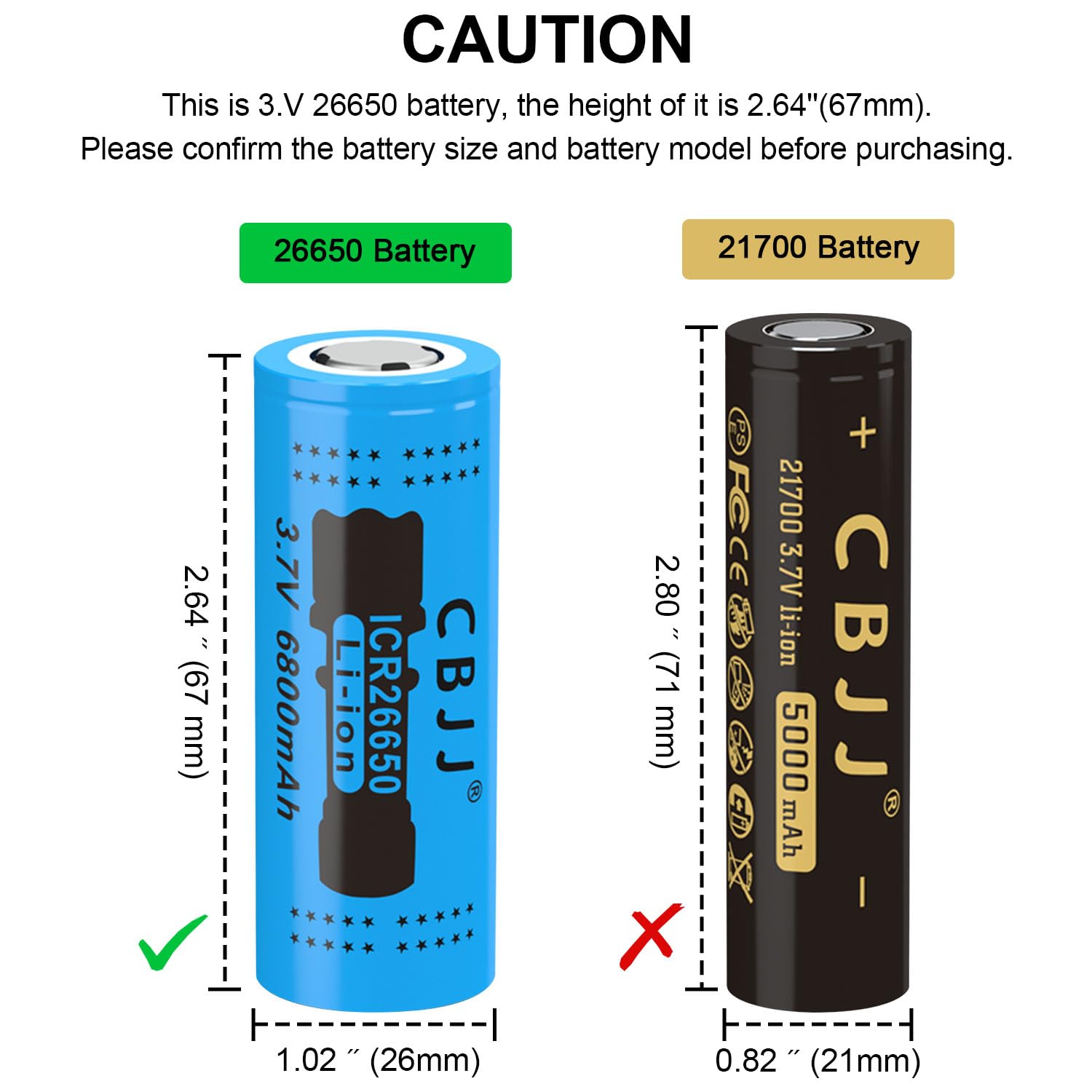 3.7V 26650 Rechargeable Battery 6800mAh High Capacity Flat Top Lithium Ion Batteries (4 Pack) - Perfect for Flashlights, Emergency Kits & Outdoor Gear