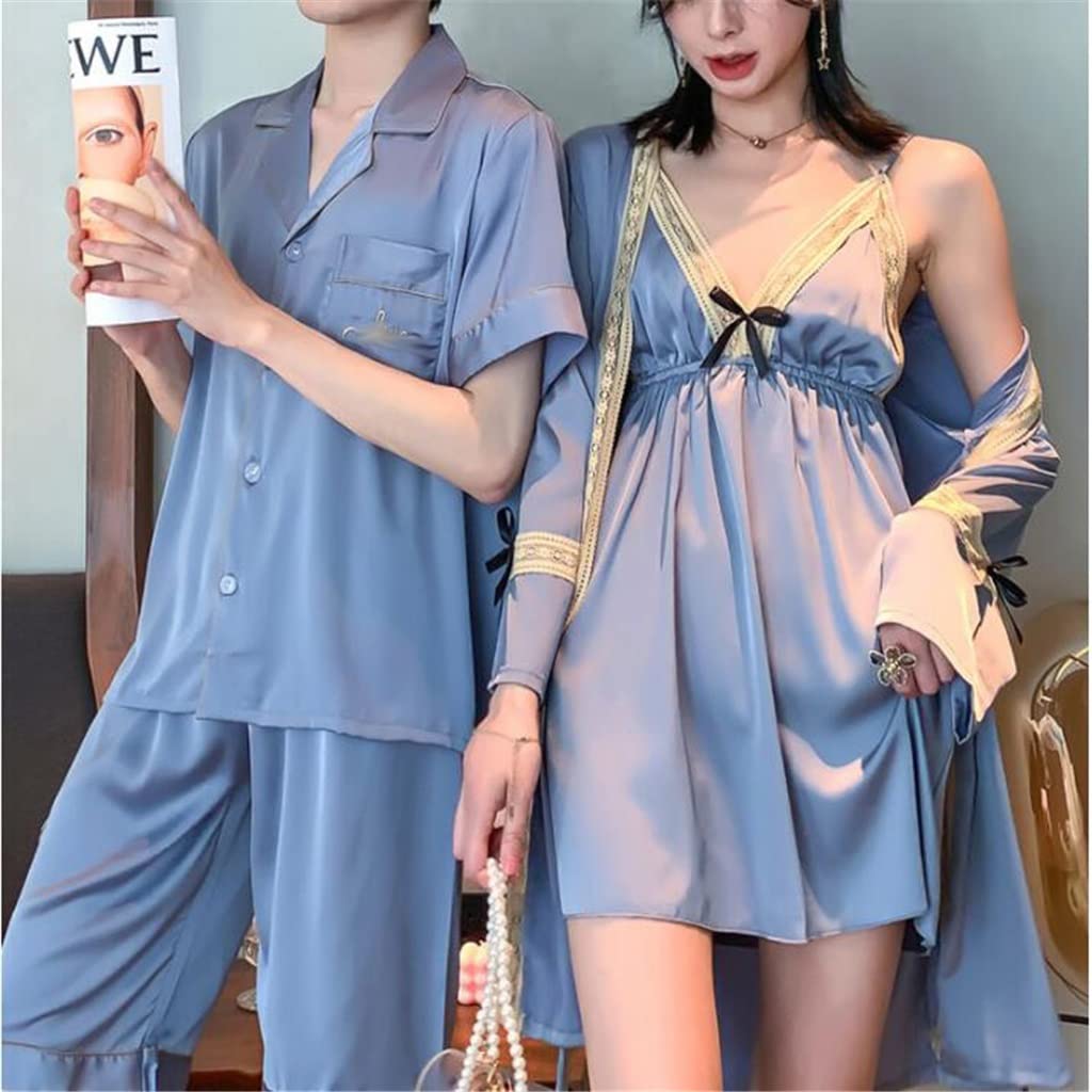 Sexy Ice Silk Couple Pajama Set - Two Piece Matching Nightwear for Women & Men (Suspender Dress & Short Sleeve Top) - Breathable Summer Sleepwear for Romantic Nights & Anniversary Gifts (Color A, Size Men-XL)