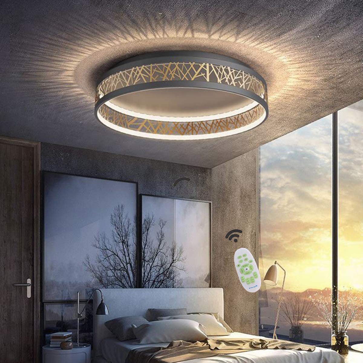 TRPYA 52cm Dimmable LED Round Ceiling Light with Remote Control - Modern Black Gold Hollow Out Design, Acrylic Shade for Living Room, Bedroom, Dining Room Lighting | Perfect for Home Decor, Apartment Lighting & Interior Design