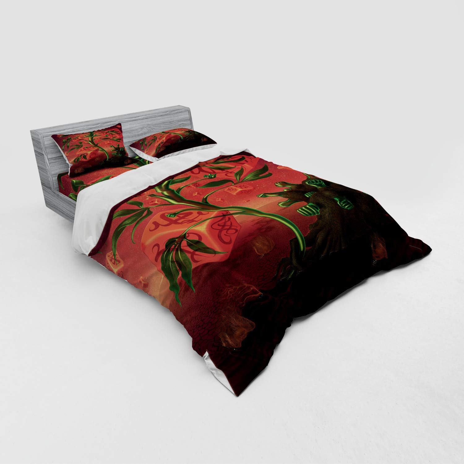 Ambesonne Psychedelic Duvet Cover Set - Trippy Surreal Fantasy Cubes & Unique Plants Design, 4-Piece Queen Size Bedding Set with Shams & Fitted Sheet in Scarlet Green | Perfect for Bohemian Bedrooms, Dorm Decor & Hippie Themed Rooms
