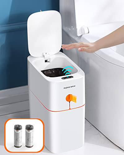 JOYBOS 4 Gallon Automatic Motion Sensor Trash Can with Lid - Waterproof Small Garbage Bin for Bathroom, Bedroom, Office, RV & Toilet | White Plastic Narrow Waste Basket for Home, Kitchen & Commercial Use