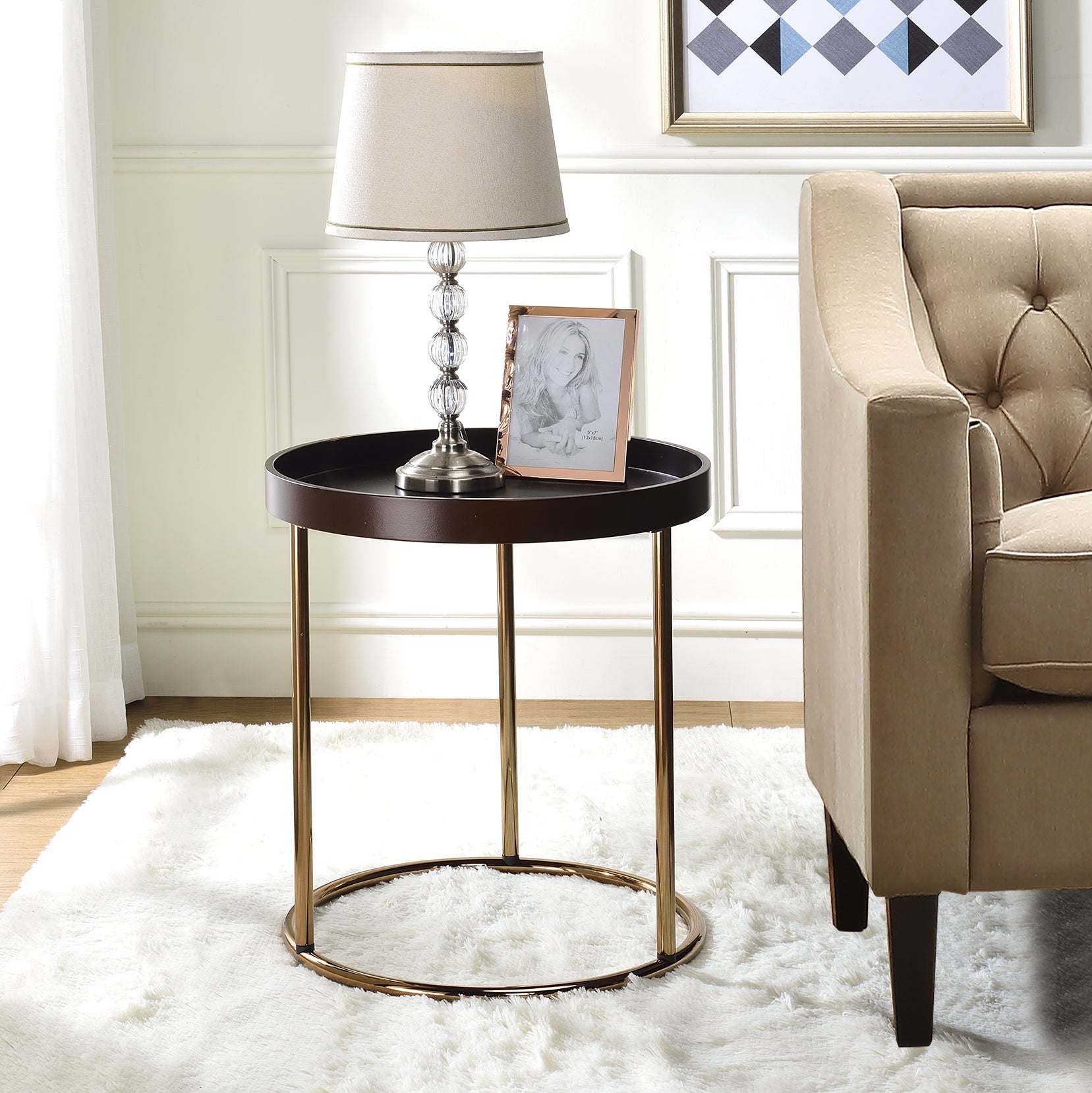 Roundhill Furniture Genoa Round Tray Table with Metal Frame - 18