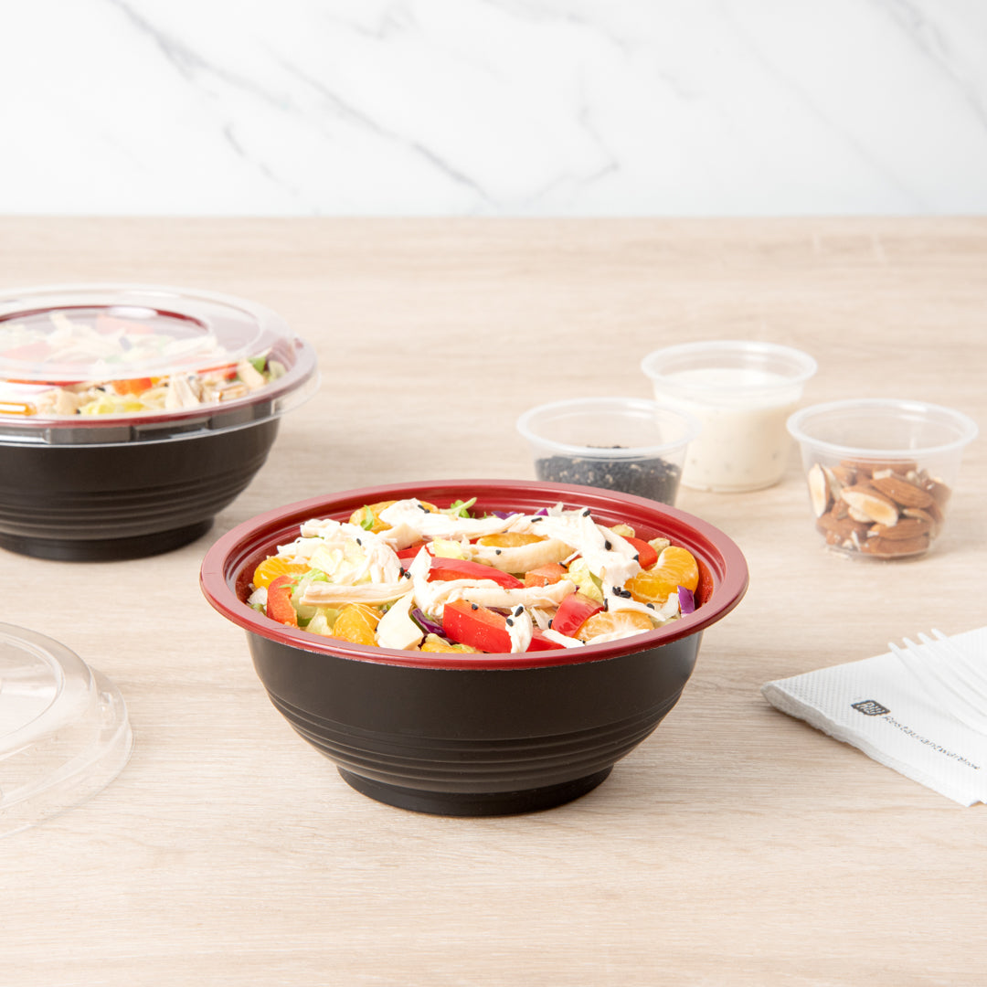 18 oz Round Black and Red Plastic Panda Bowl with Clear Lid - Microwave Safe, BPA-Free - 6 x 6 x 2.5 Inches - Bulk Pack of 200 - Perfect for Asian Restaurants, Takeout Meals, and Home Meal Prep
