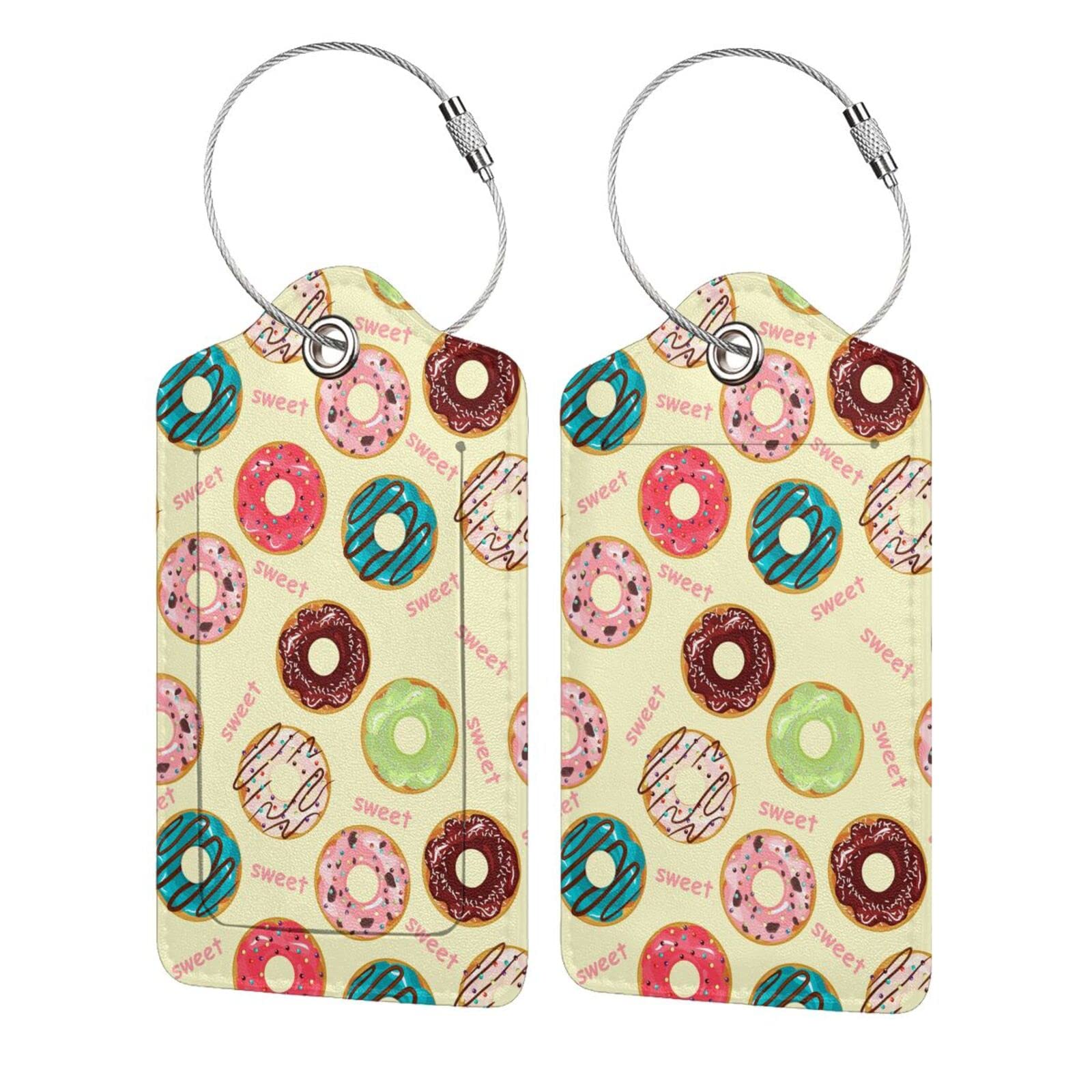 2 PCS Colorful Donut PU Leather Luggage Tags with Stainless Steel Loop - Stylish Travel ID Tags for Suitcases, Backpacks & Bags - Perfect for Women, Men & Kids - Great Gift Idea for Travelers - Use for Air Travel, Vacation Trips & Business Trips