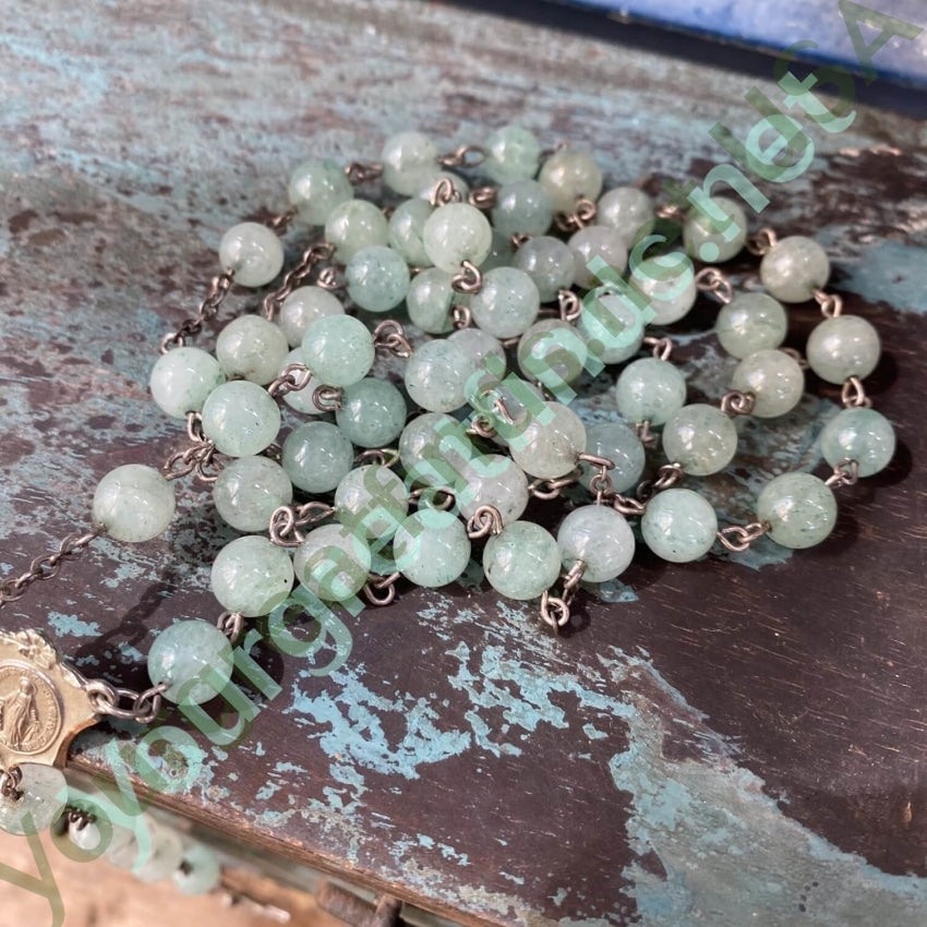 Vintage Sterling Silver Green Jade Bead Rosary Necklace - Elegant Catholic Prayer Beads for Chapel, Meditation & Spiritual Gifts
