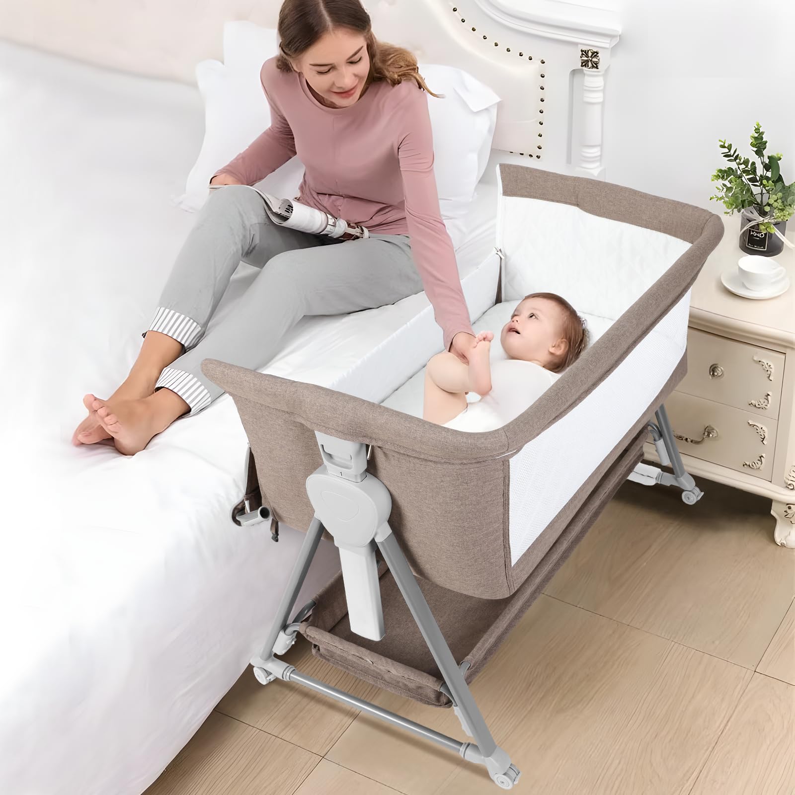 Cowiewie Portable Baby Bassinet - Light Brown Folding Bedside Sleeper with Storage Basket & Wheels for Newborns | Nursery, Bedroom & Travel Use | Reduce Mom's Fatigue