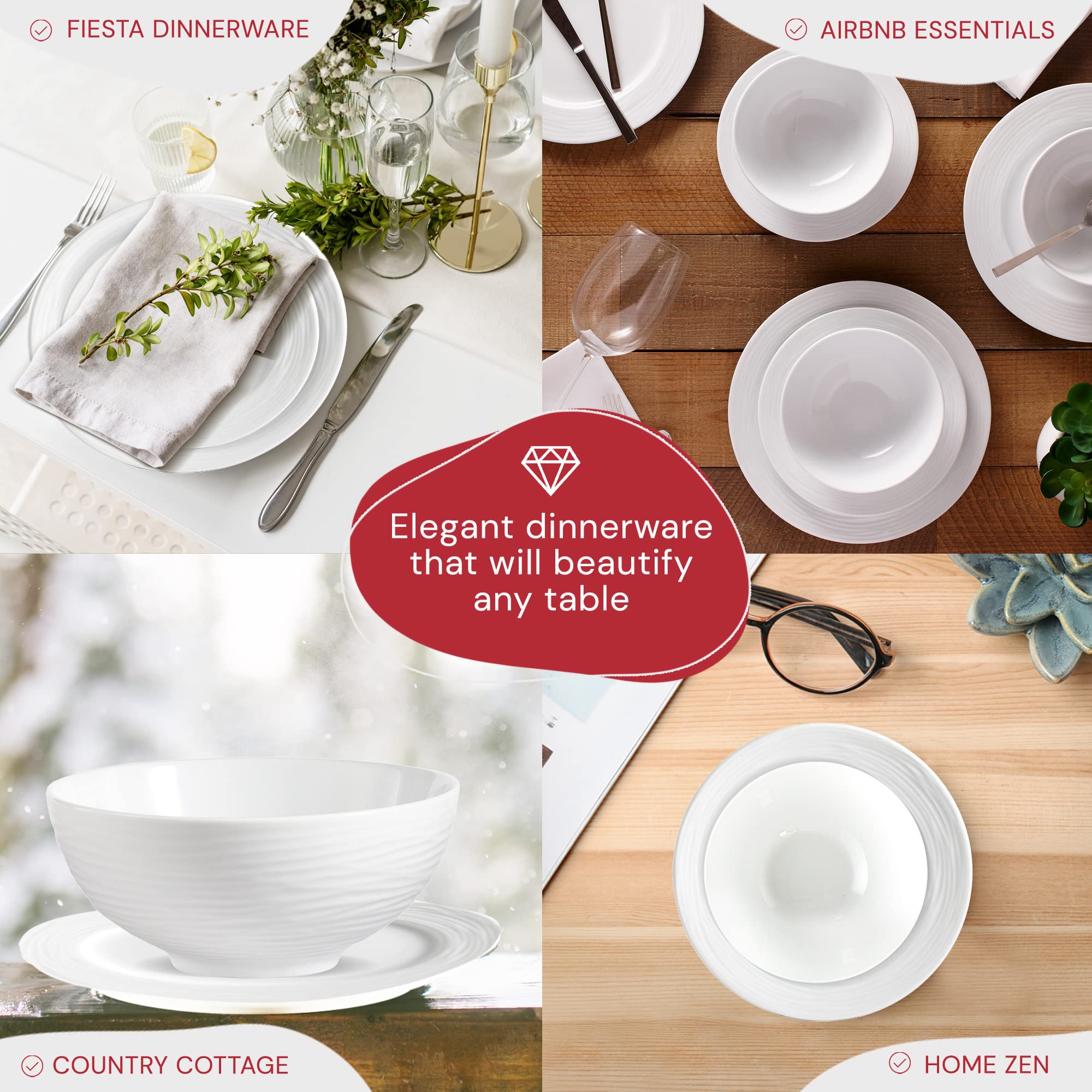 Safdie & Co. 12-Piece White Porcelain Dinnerware Set - 4 Dinner Plates, 4 Salad Plates & 4 Bowls - Dishwasher & Microwave Safe - Elegant Table Setting for Everyday Meals & Dinner Parties