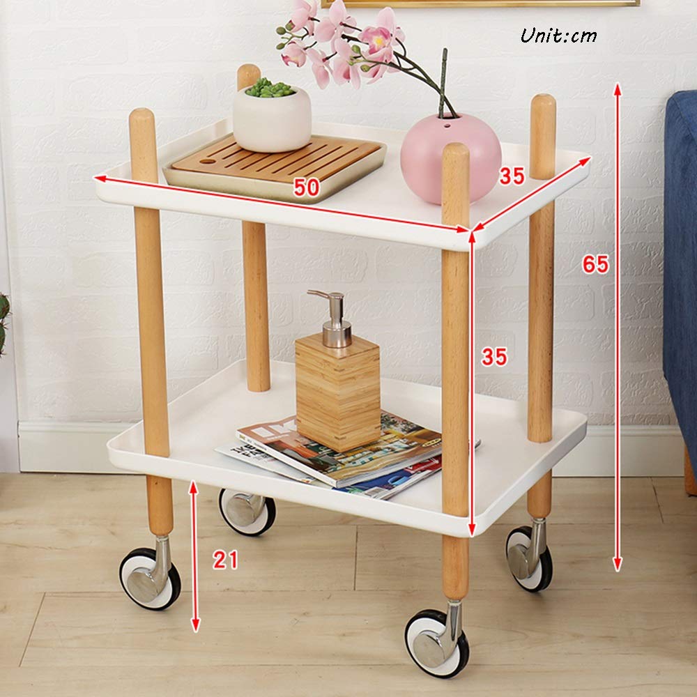 Nordic Style White Small Coffee Table with Casters - Mobile Side Table with Double Layer Open Storage for Living Room, Bedroom, Office - Multifunctional Snack Table & Sofa End Table for Home Decor