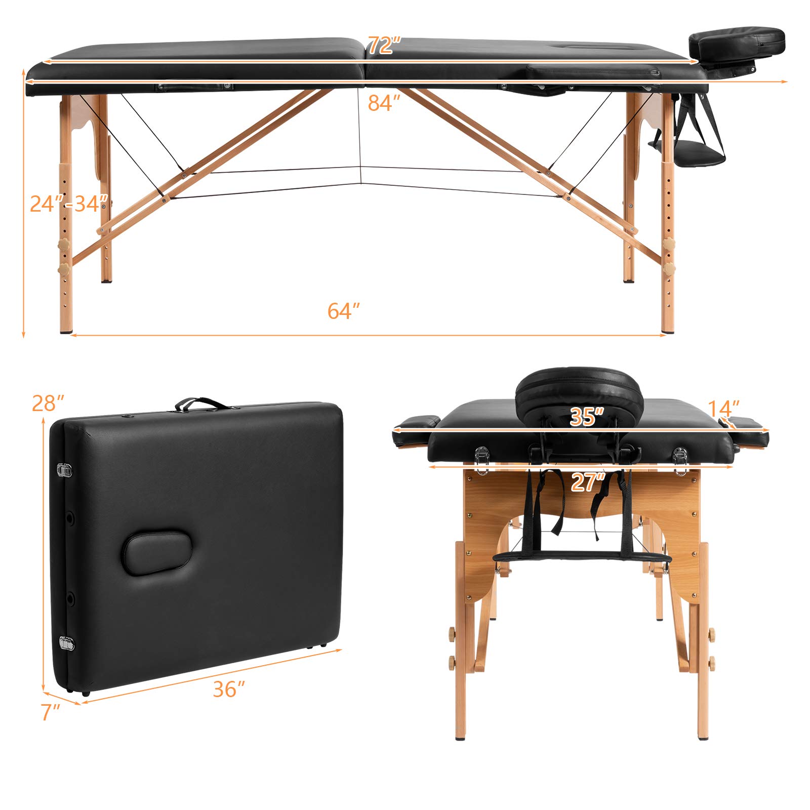 Portable Massage Table 84 Inch - Adjustable Height Professional Massage Bed with 2 Folding Extensions & Facial Cradle - Includes Carry Case (Black) | Perfect for Spa, Salon, Home Use & Mobile Therapists