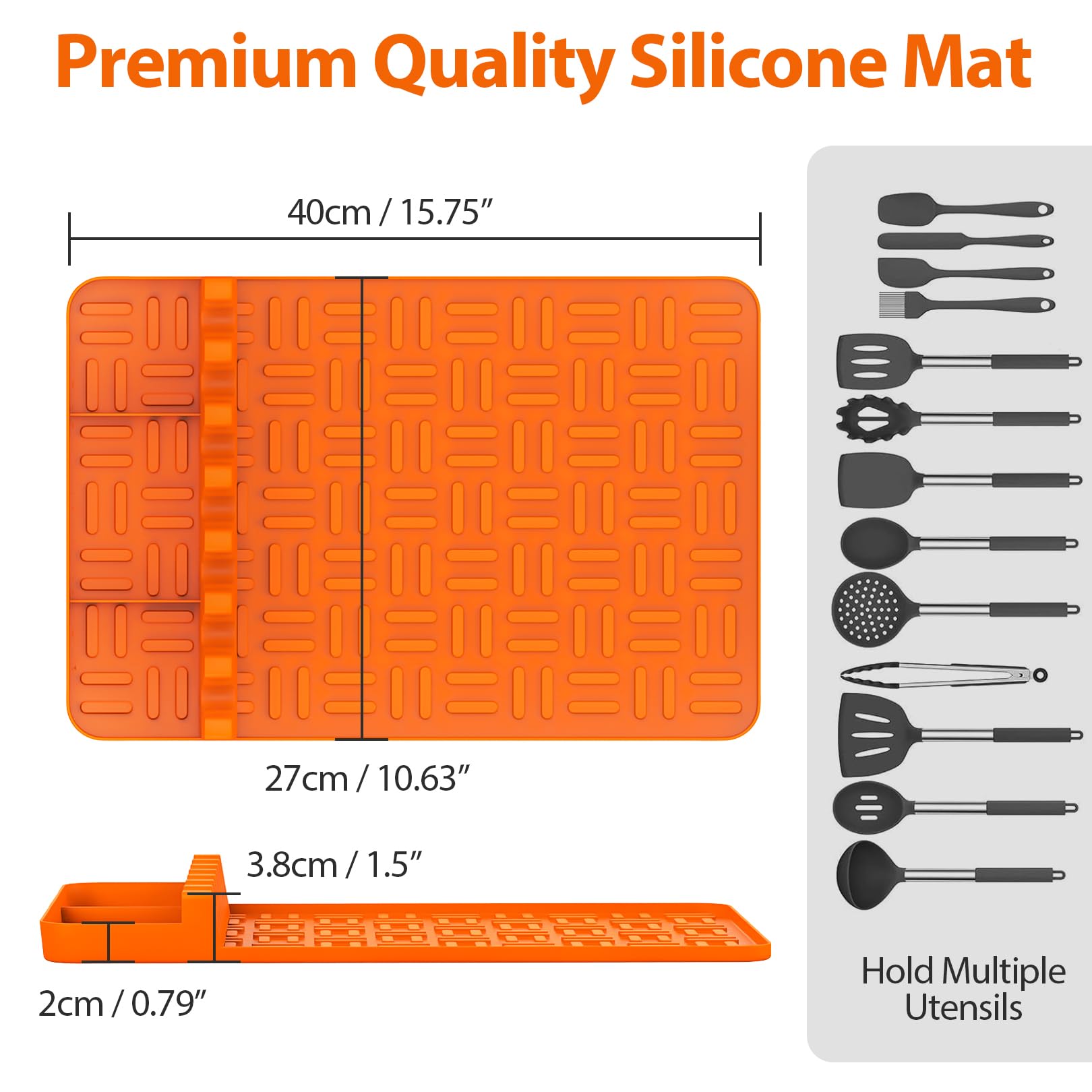 Non-Slip Silicone Griddle Tools Mat for Blackstone Grill - Food Grade Spatula Mat with Drip Pad & Side Shelf Protector - BBQ Utensils Holder for Multiple Grill Tools (Orange) - Perfect for Outdoor Cooking, Camping & Backyard BBQs