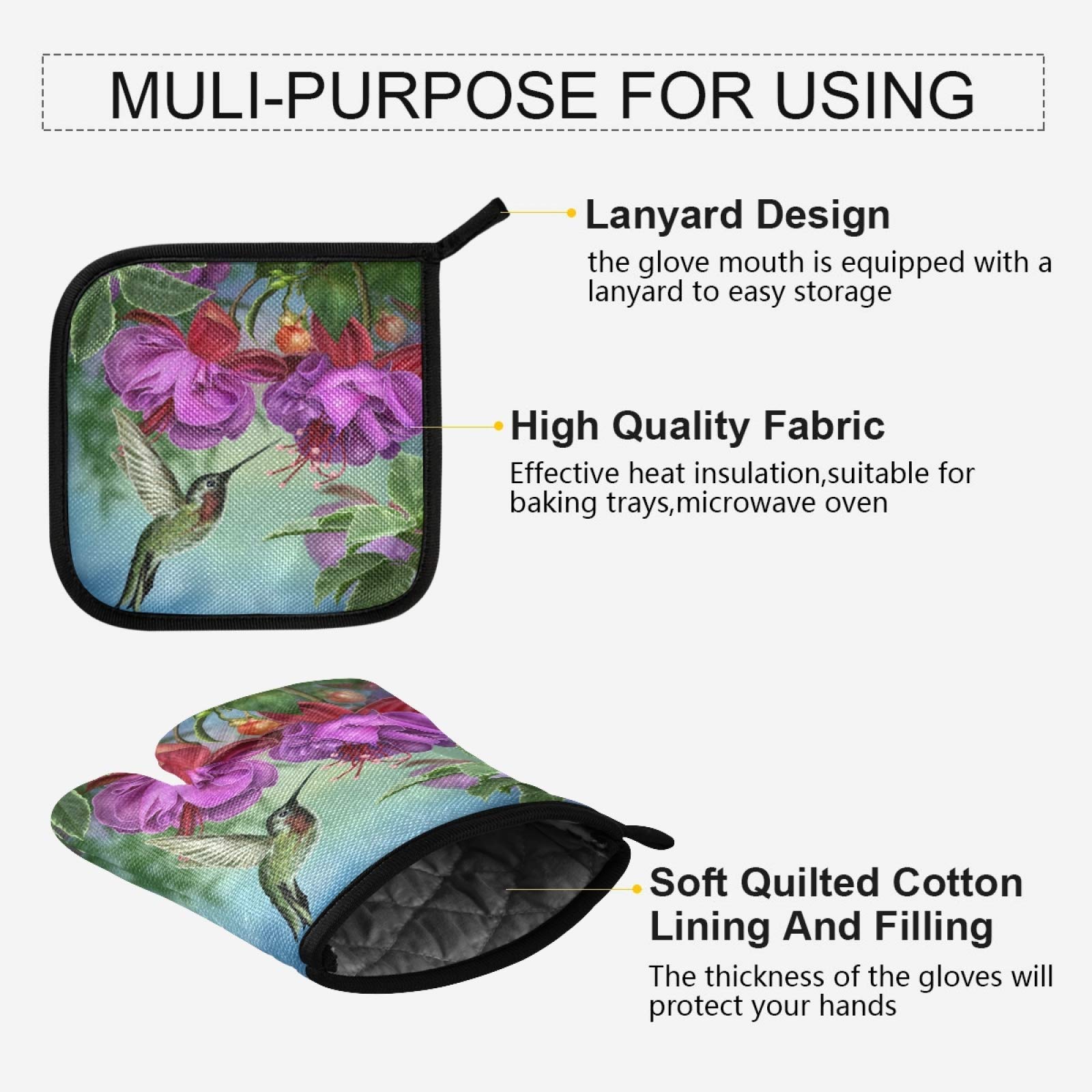 ASLSIY Hummingbird Oven Mitts & Pot Holders Set - Heat Resistant Kitchen Gloves for Baking, BBQ, Grilling - Spring Bird Design for Cooking, Baking & Outdoor Camping