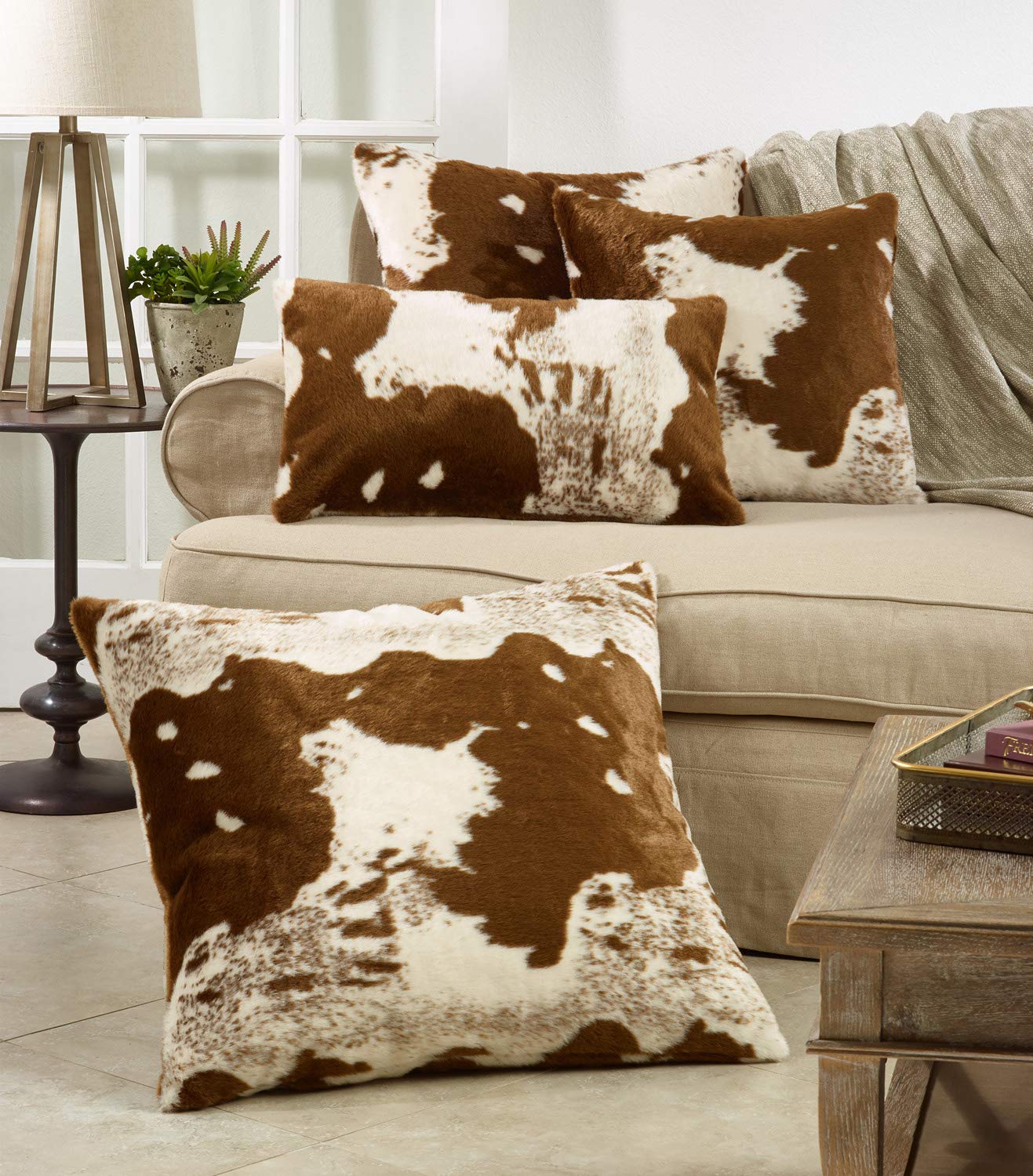 Fennco Styles Rustic Faux Fur Cowhide Decorative Throw Pillow Cover 28x28 Inches - Soft Brown Fur Pillow Case for Couch, Bedroom & Living Room Decor | Perfect for Farmhouse, Boho & Modern Home Styling