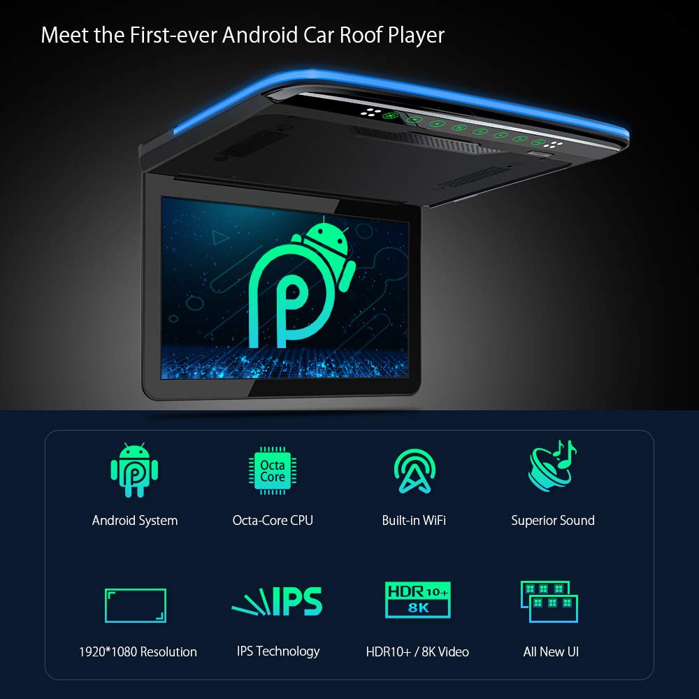XTRONS 13.3 Inch Android Car Overhead Player - IPS HD Flip Down Roof Mount Monitor with Built-in Stereo Speakers, 8K Video, Bluetooth, WiFi, HDMI, USB - Perfect for Road Trips, Family Travel & Kids Entertainment in SUVs and Minivans
