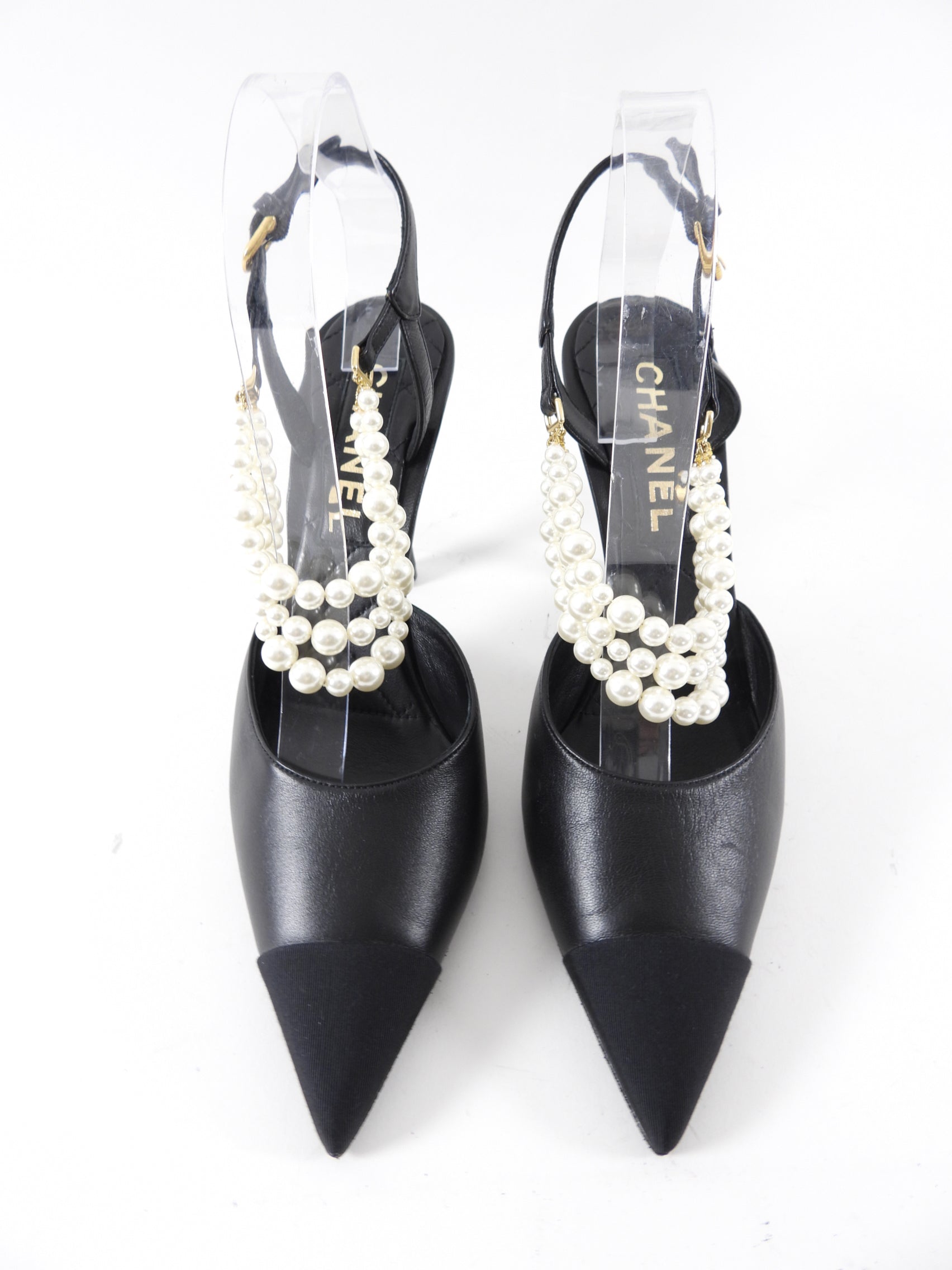 Chanel Black Leather & Fabric Cap Toe Pearl High Heels Women's Shoes Size 40C - Perfect for Evening Parties, Weddings & Special Occasions