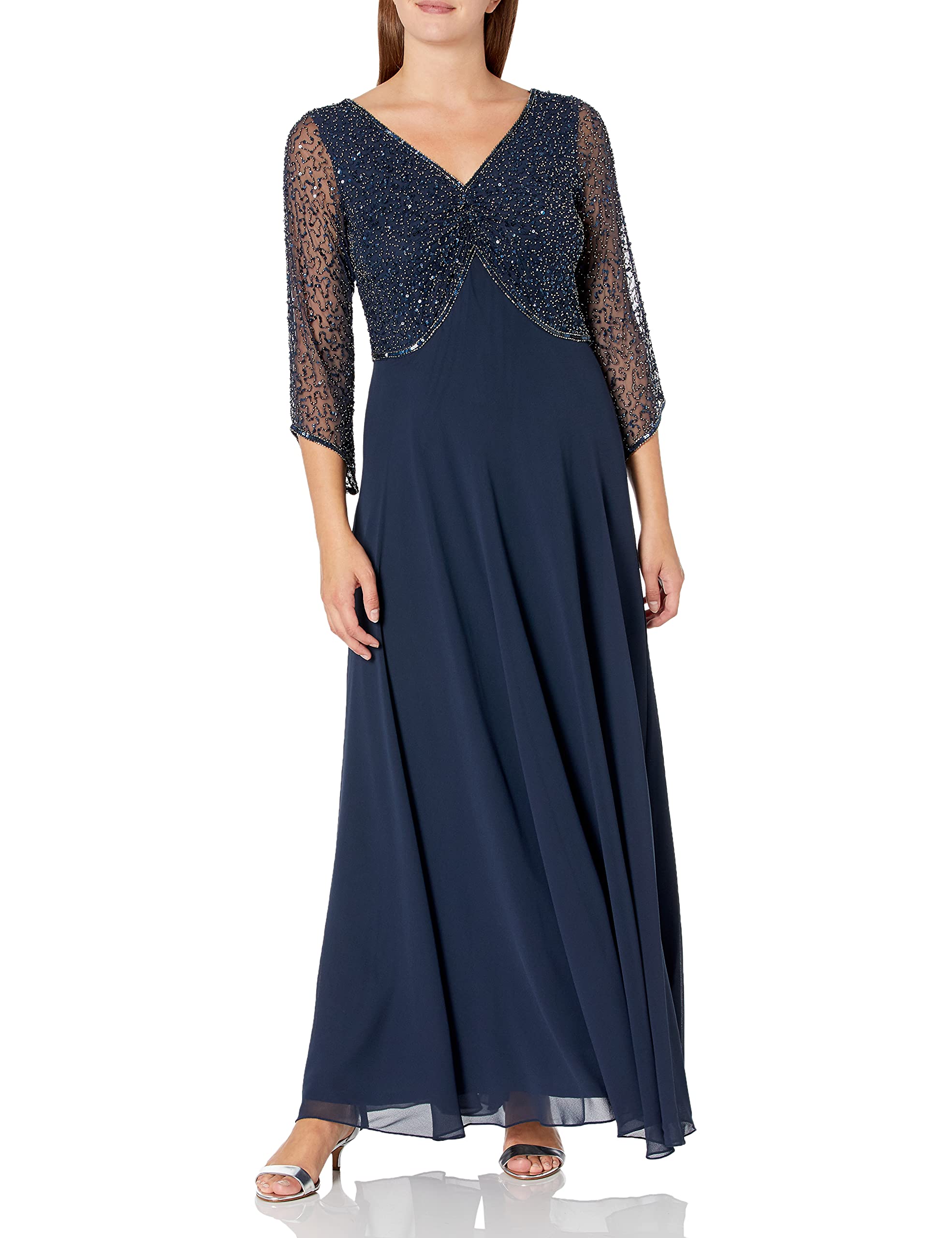 J Kara Women's Elegant 3/4 Sleeve V-Neck Beaded Blouse Long Evening Gown - Perfect for Weddings, Parties & Special Occasions