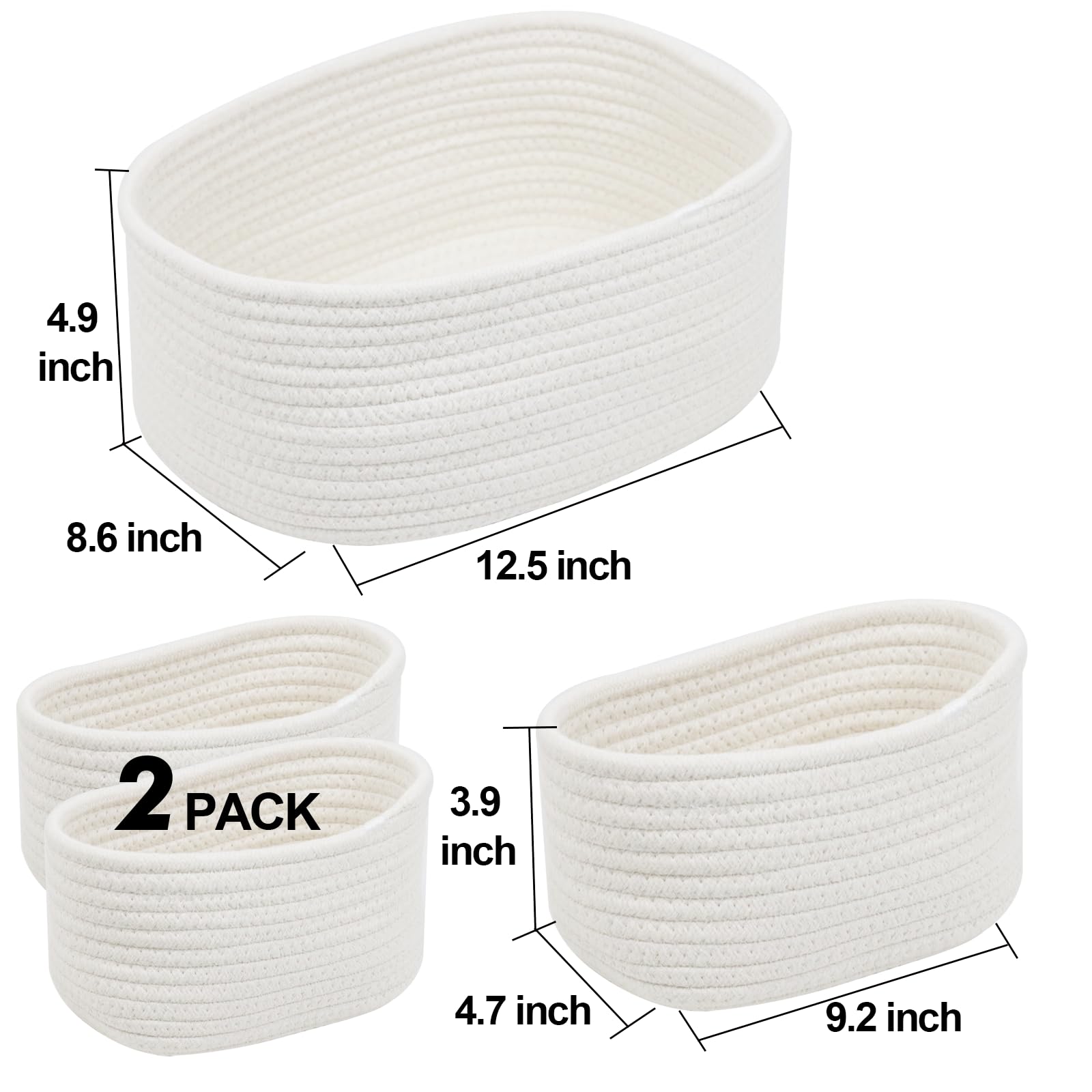 Small Cotton Rope Baskets - Set of 3 Handwoven Storage Baskets for Bathroom Organization, Shelves Decor & Baby Nursery Storage | White Woven Bins for Home, Office & Gift Giving