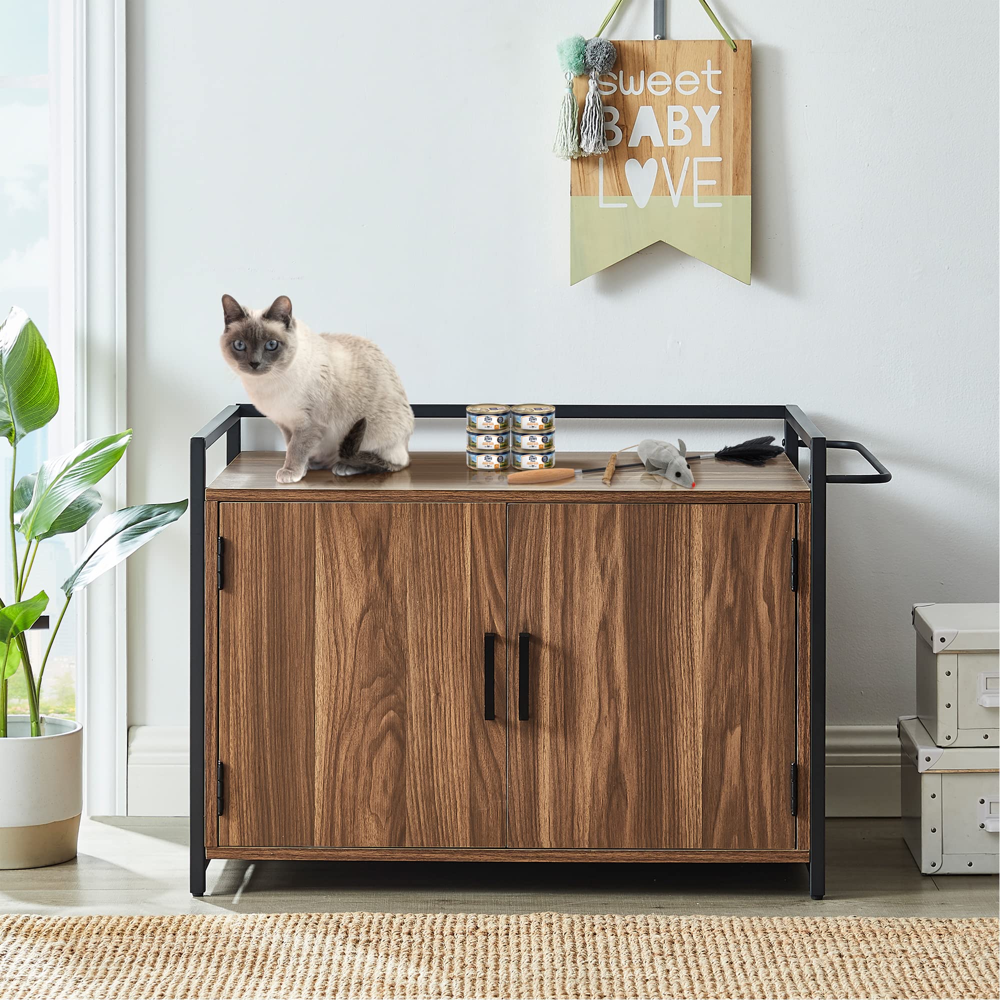 Hidden Cat Litter Box Furniture with Ventilation & Bench Seat - Sturdy Iron & Wood Pet Crate in Rustic Walnut - Discreet Litter Box Enclosure for Living Room or Bedroom
