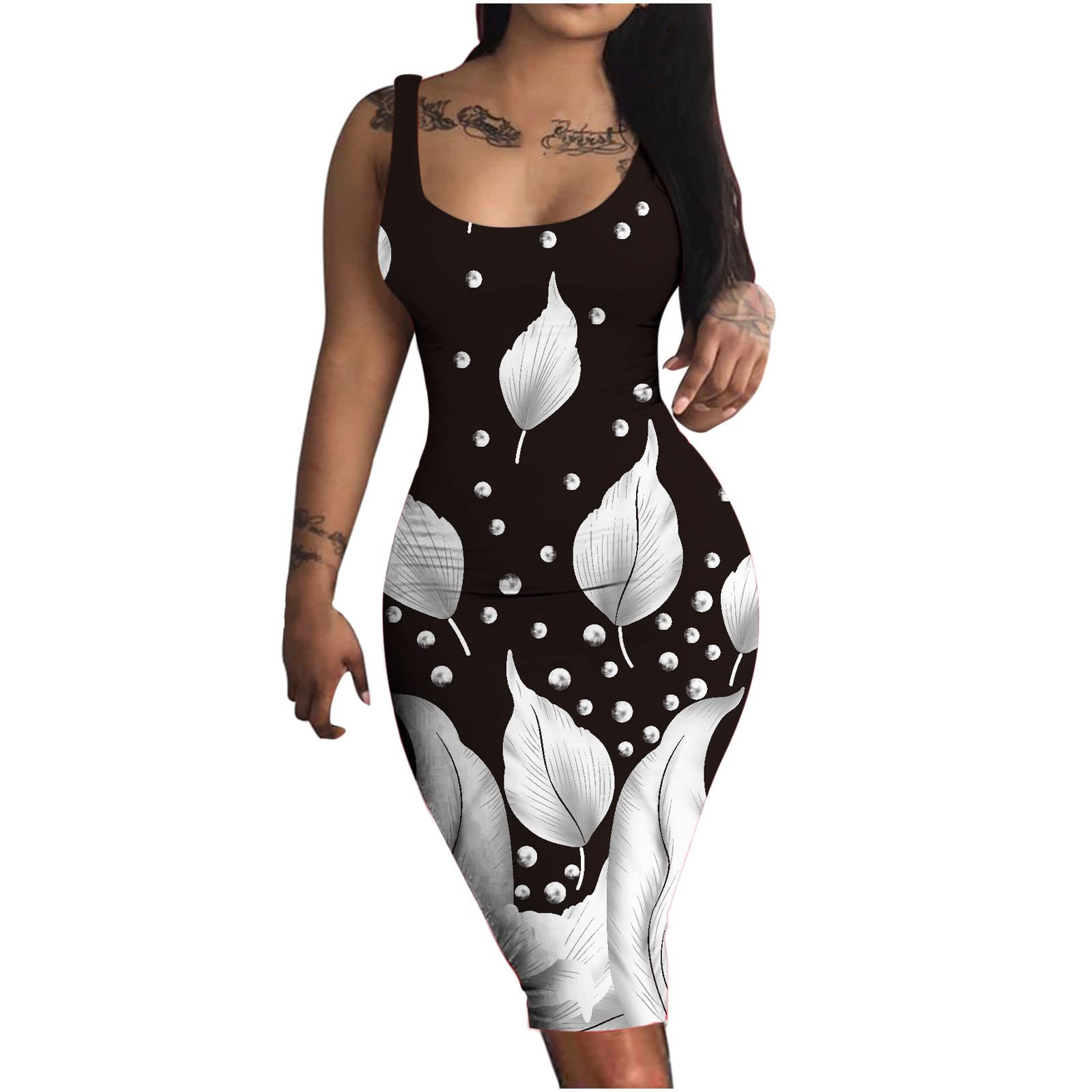 Maqroz Women's Summer Dresses - Sexy Floral Print Round Neck Sleeveless Bodycon Midi Dress | Casual Beach Wear, Club Outfit & Sun Dress for Women