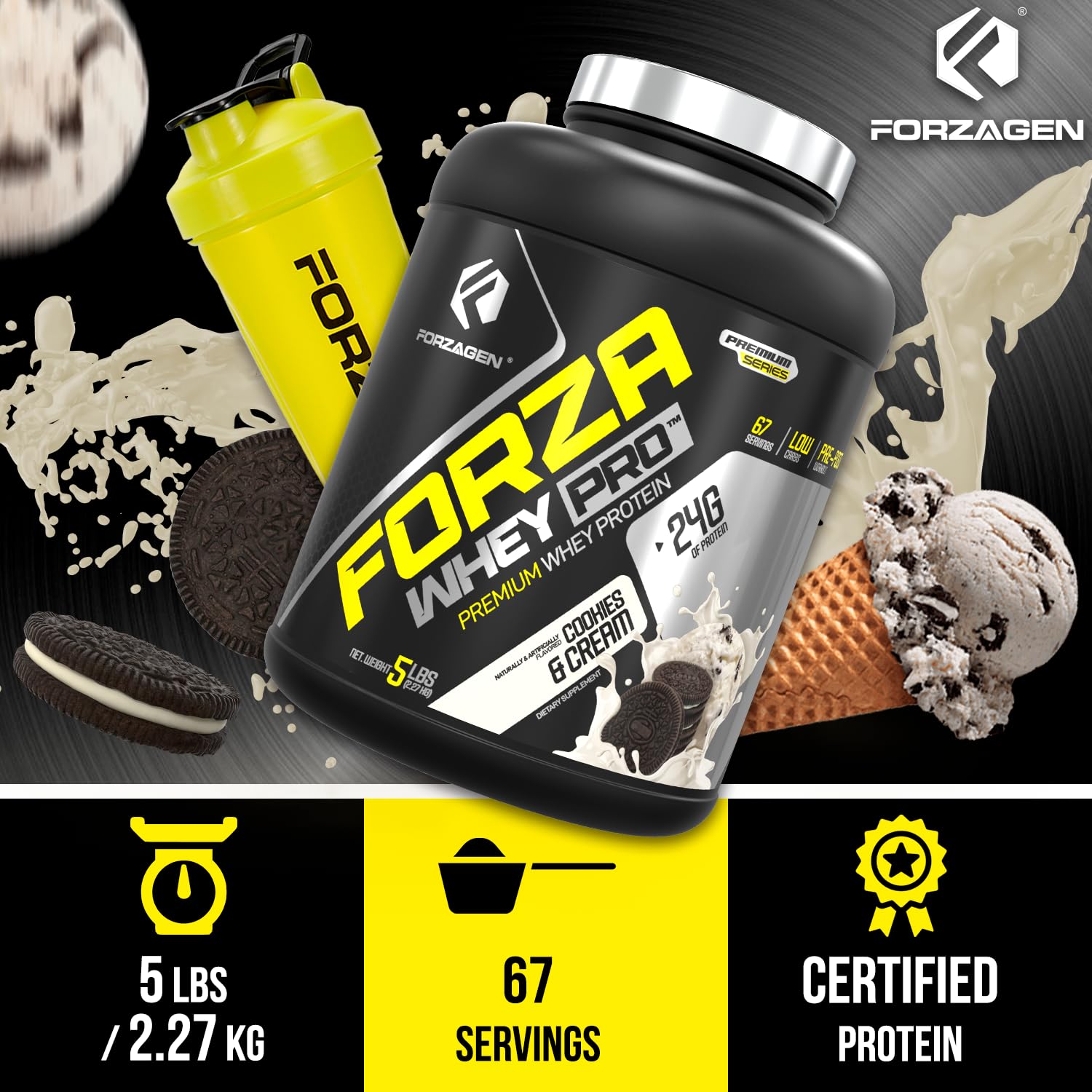 Forzagen Whey PRO Low Carb Protein Powder - 24g Protein per Serving, Low Sugar, Premium Whey Isolate for Men & Women | Cookies & Cream Flavor, 5 lbs (67 Servings) | Post-Workout Recovery, Muscle Building, Healthy Shakes & Smoothies