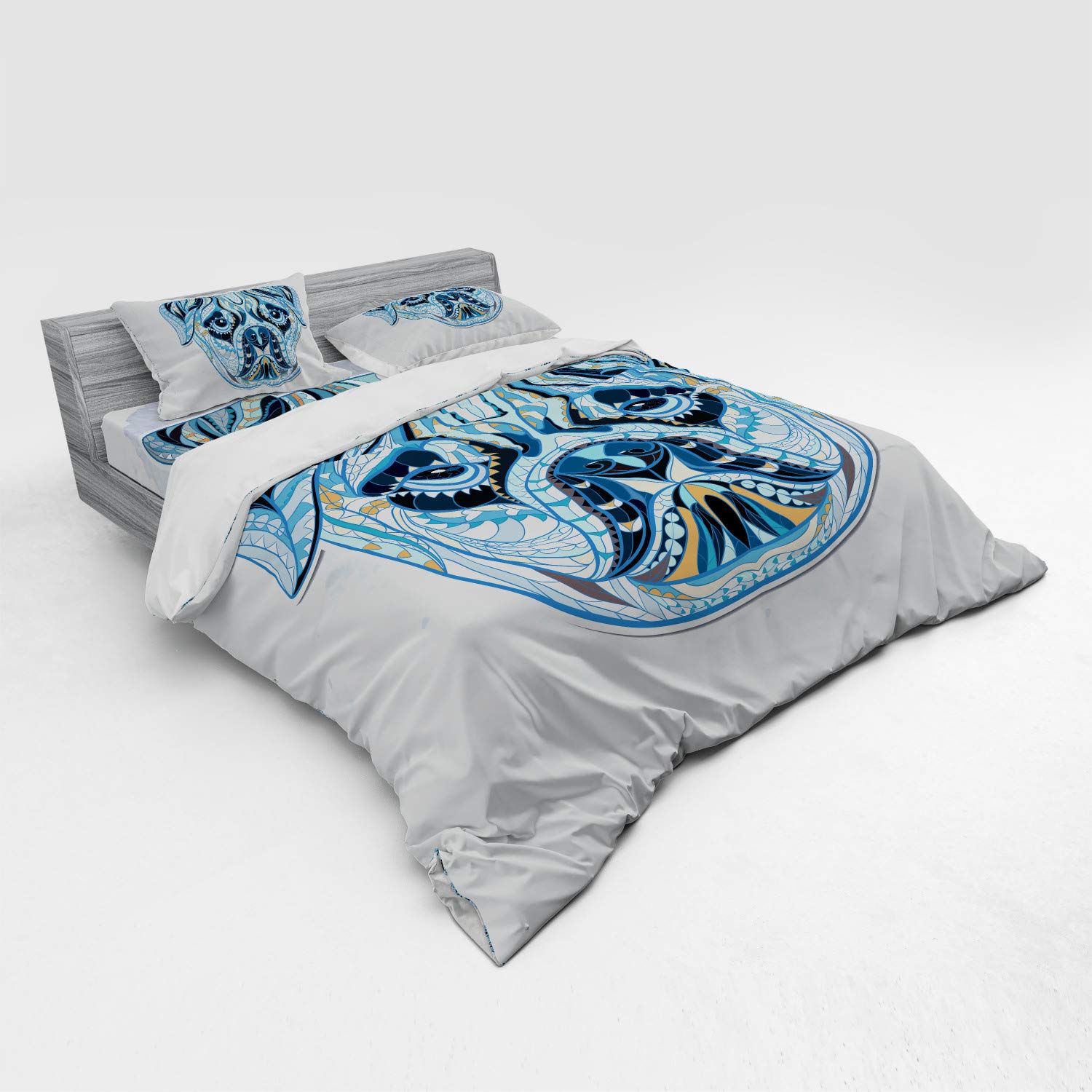 Ambesonne Pug Dog Duvet Cover Set - Geometric Pattern King Size 4-Piece Bedding with Shams & Fitted Sheet in Light Blue - Perfect for Pet Lovers' Bedroom Decor