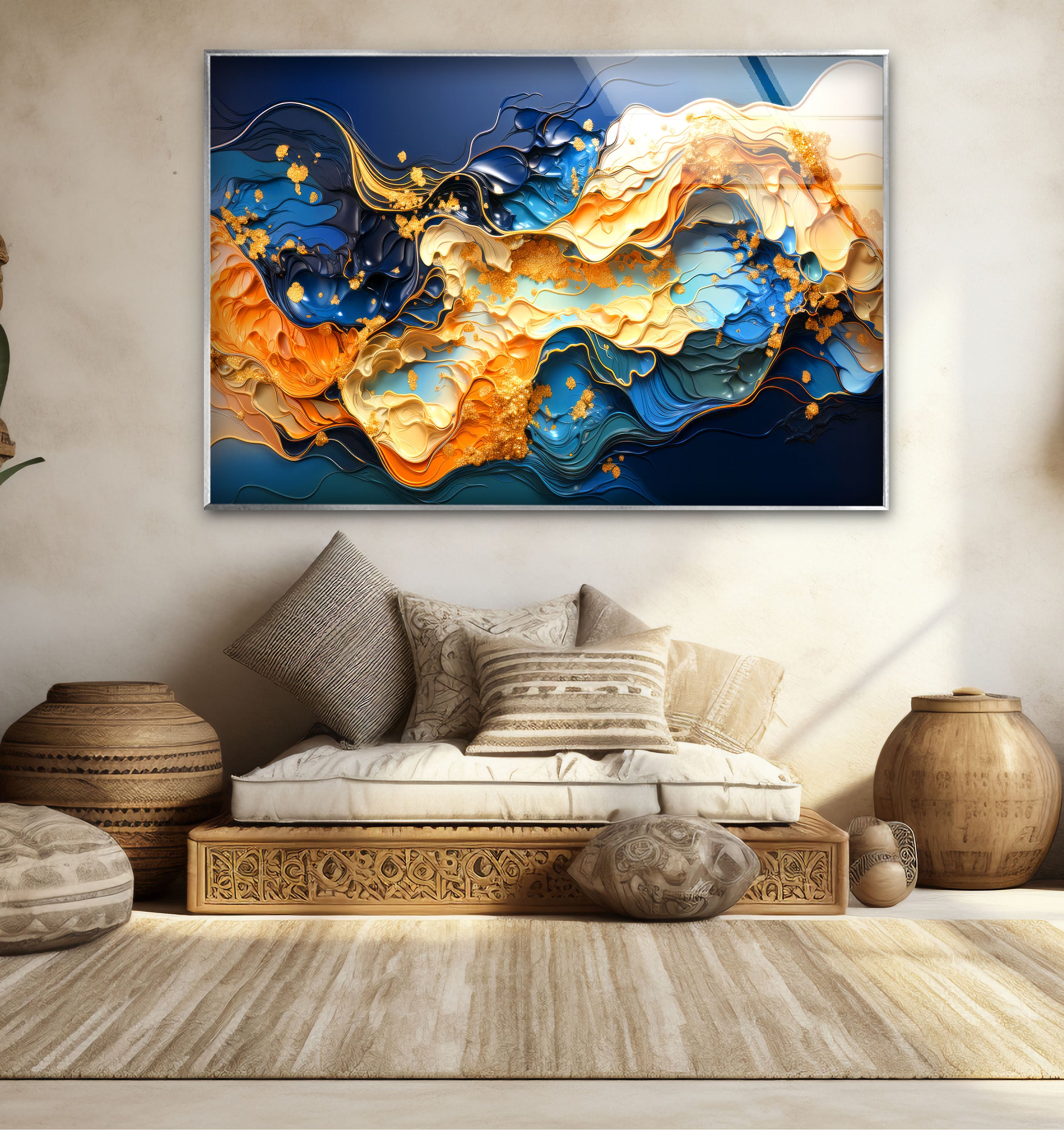 Blue Gold Abstract Wave Wall Art - Modern Fluid Glass Print for Home & Office Decor | Elegant Interior Design for Living Room, Bedroom & Office Spaces