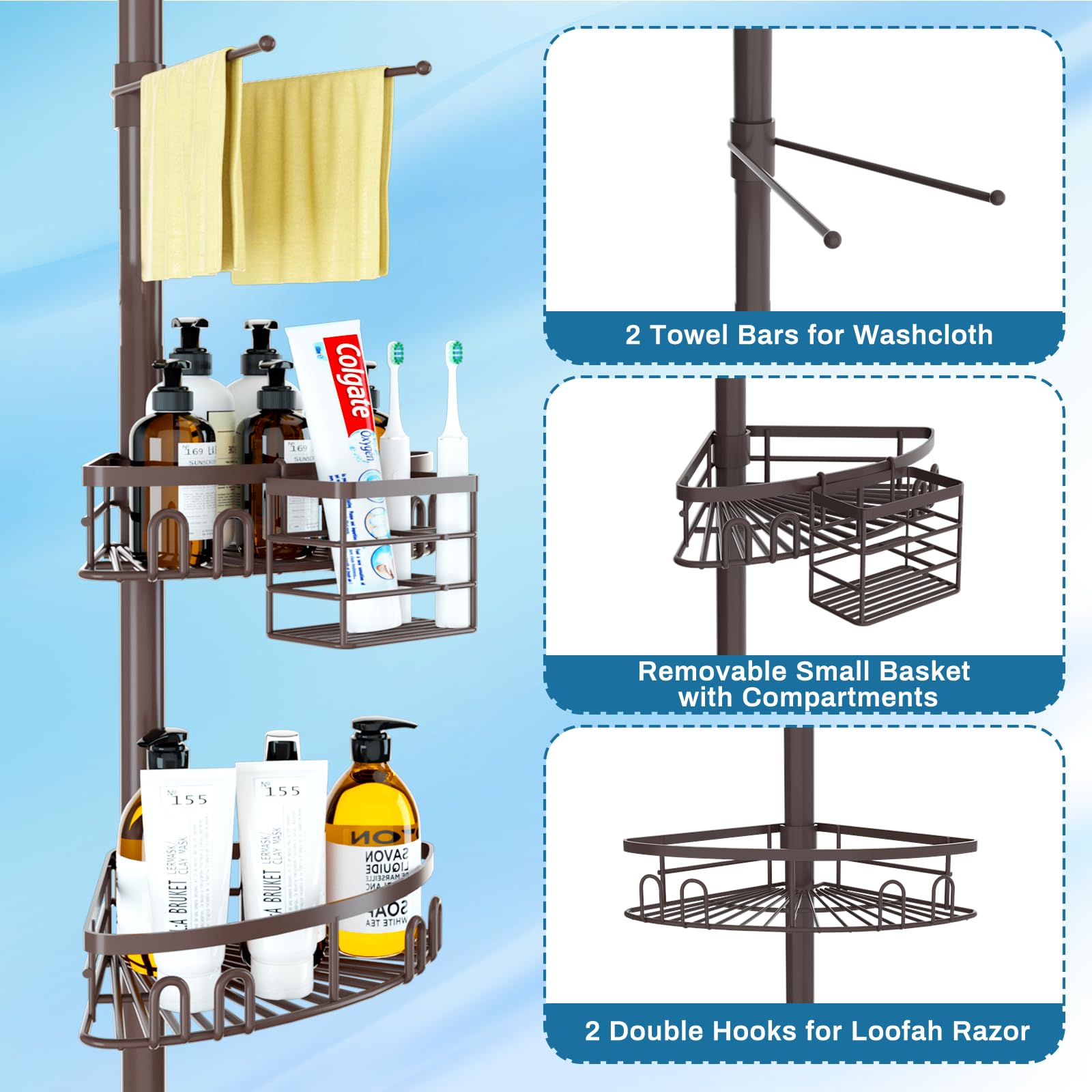 Rustproof Shower Corner Caddy Shelf - Adjustable Tension Pole Organizer (23.6-114.5 Inch) with 4 Baskets & Towel Bar for Bathroom Storage - Bronze | Perfect for Shampoo, Soap & Bath Accessories Organization in Bathtub/Shower