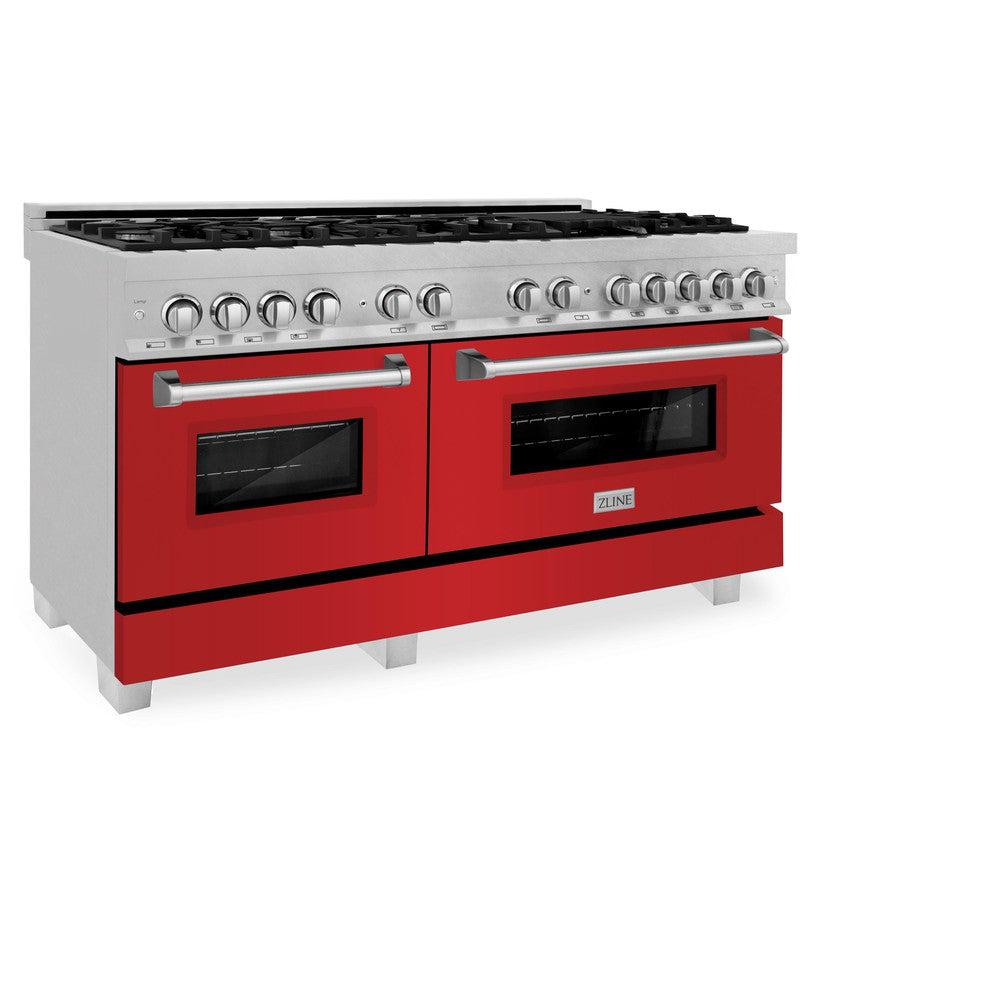 ZLINE 60-Inch 7.4 cu. ft. Dual Fuel Range with 9-Burner Gas Cooktop & 2 Electric Convection Ovens - Satin Stainless Steel with Red Matte Doors (RAS-RM-60) - Perfect for Professional Home Chefs & Modern Kitchens