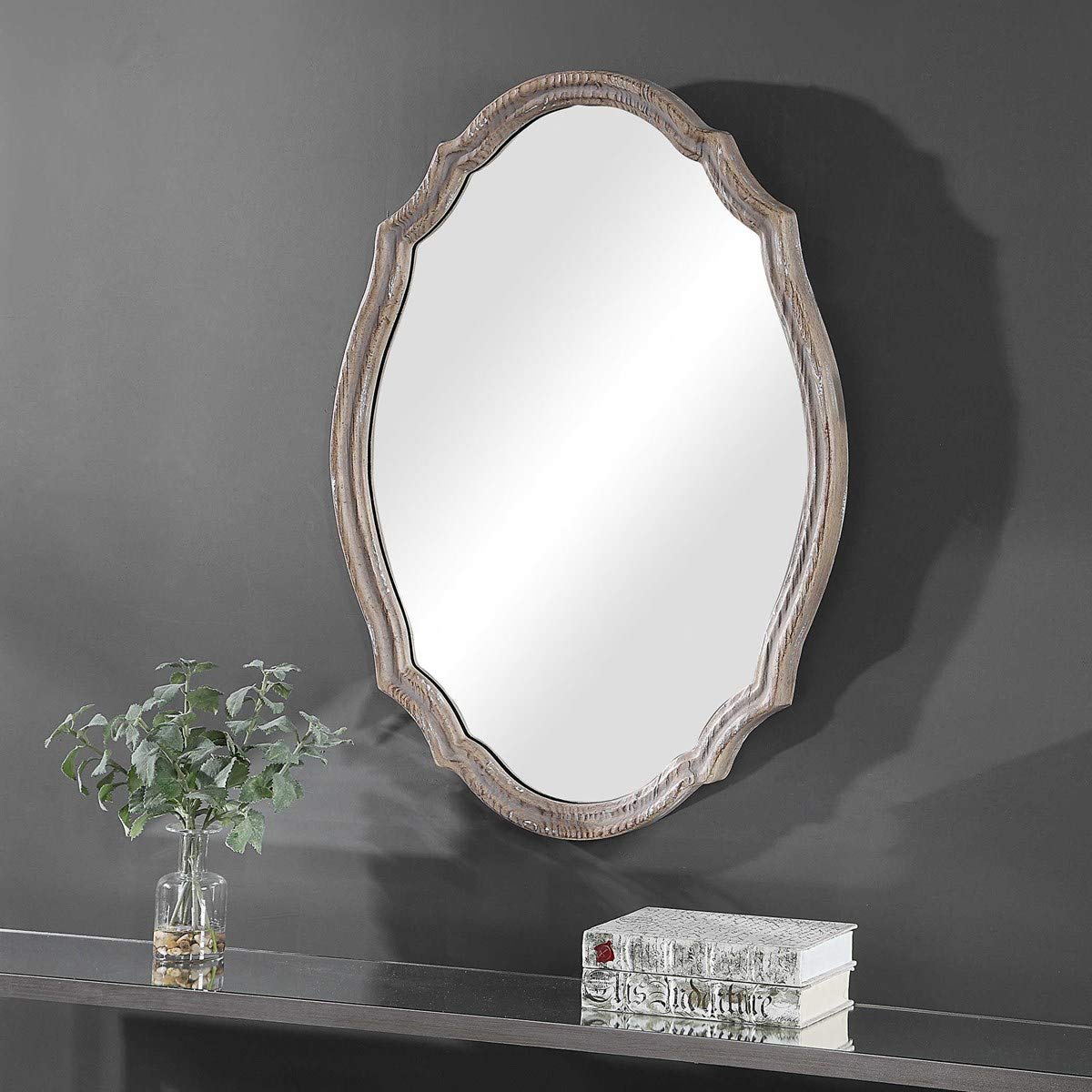 Spinner Moss & Fig Joshua Natural Wood Oval Wall Mirror - Light Ivory Distressed Finish (24”W x 34”H x 2”D) - Perfect for Farmhouse, Boho & Rustic Home Decor - Living Room, Bedroom, Entryway