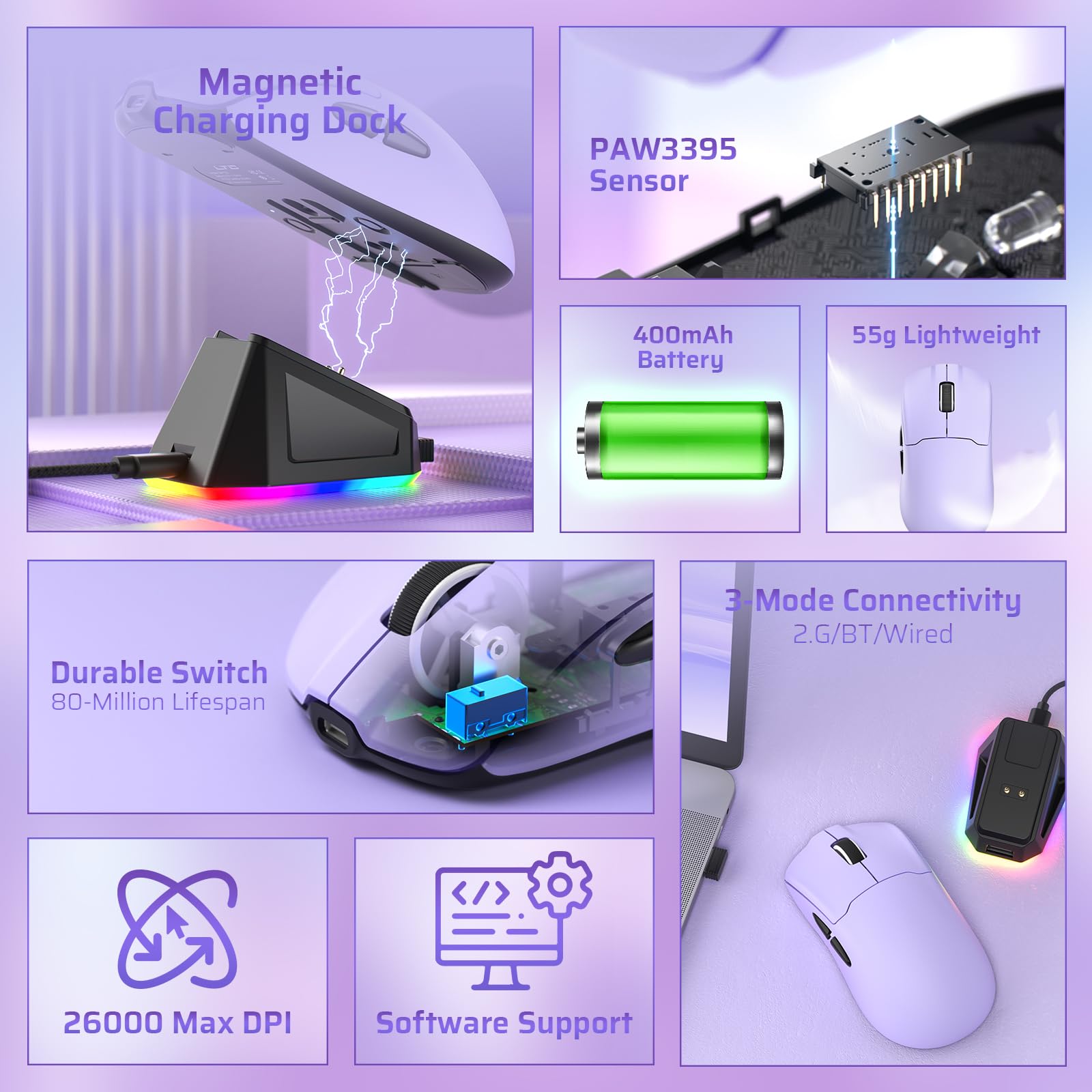 LTC GM022 Ultralight Wireless Gaming Mouse - 55g Ergonomic Design, PAW3395 26K DPI Sensor, RGB Charging Dock, 3 Modes (Bluetooth/Wired/2.4G), 5 Programmable Buttons, 80M Click Switch | Perfect for FPS, MOBA & Office Work