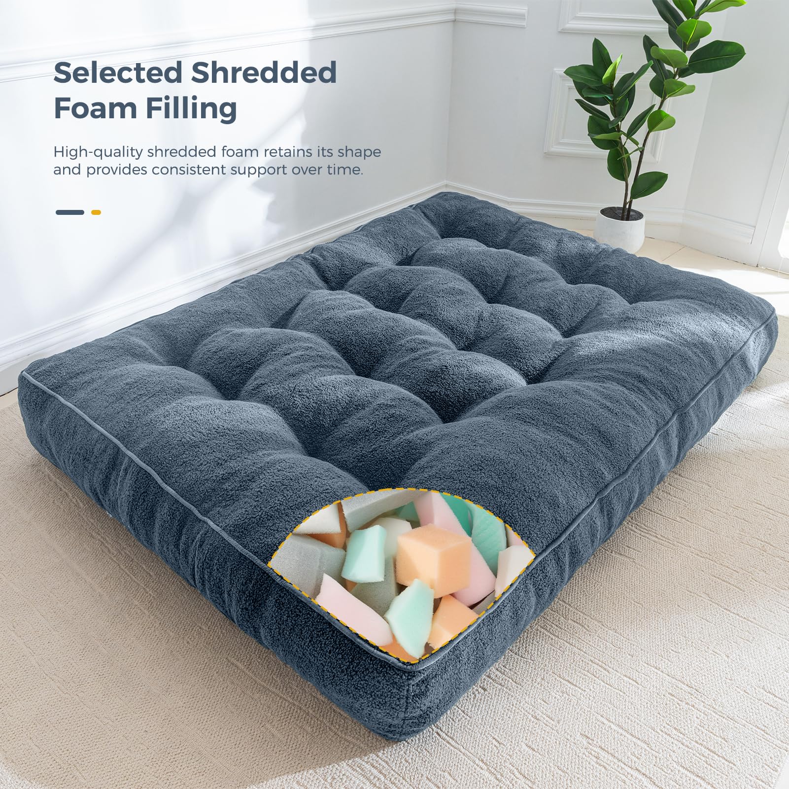 MAXYOYO 8 Inch Tufted Futon Sofa Couch Bed - Thick Boucle Floor Futon Mattress for Adults (Mattress Only) in Dusty Blue | Perfect for Small Spaces, Guest Rooms & Dorm Rooms