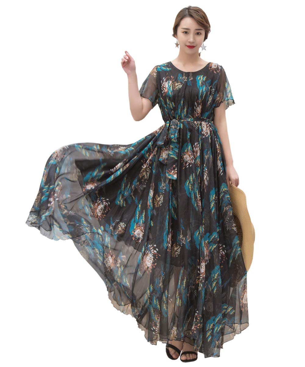 MedeShe Women's Short Sleeve Floral Bohemian Maxi Dress - Summer Beach Dress for Vacation, Party & Casual Wear