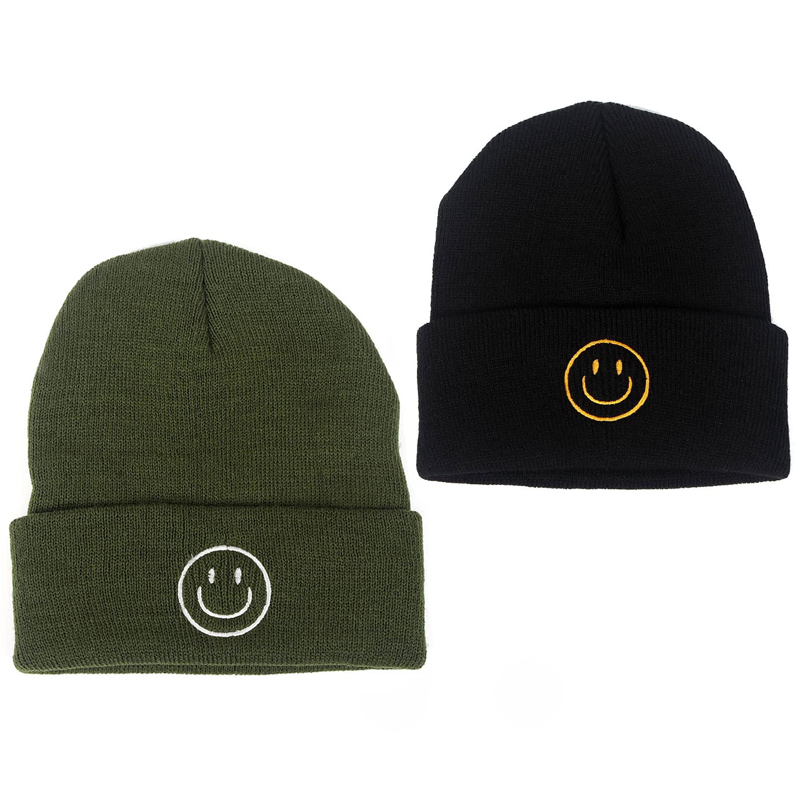 Unisex AJG Beanie Hat - Soft Acrylic Winter Knit Cap with Smile Face Embroidery for Men & Women | Warm Cuffed Design for Outdoor Activities, Skiing & Casual Wear