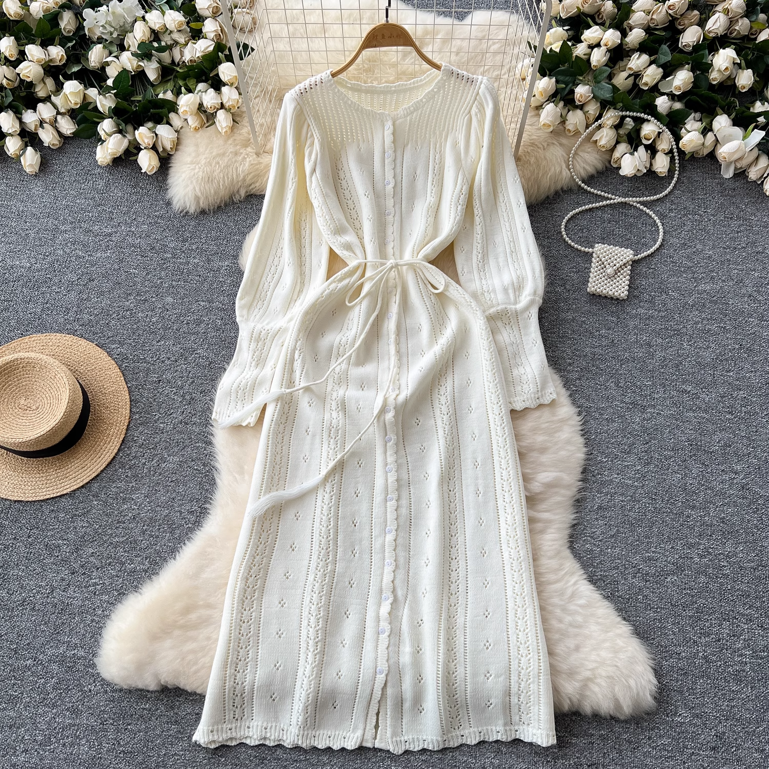 Women's Autumn Winter Knitted Sweater Dress with Sweet Hollow Lantern Sleeves - L15 Size - Perfect for Holiday Parties, Office Wear & Casual Outings