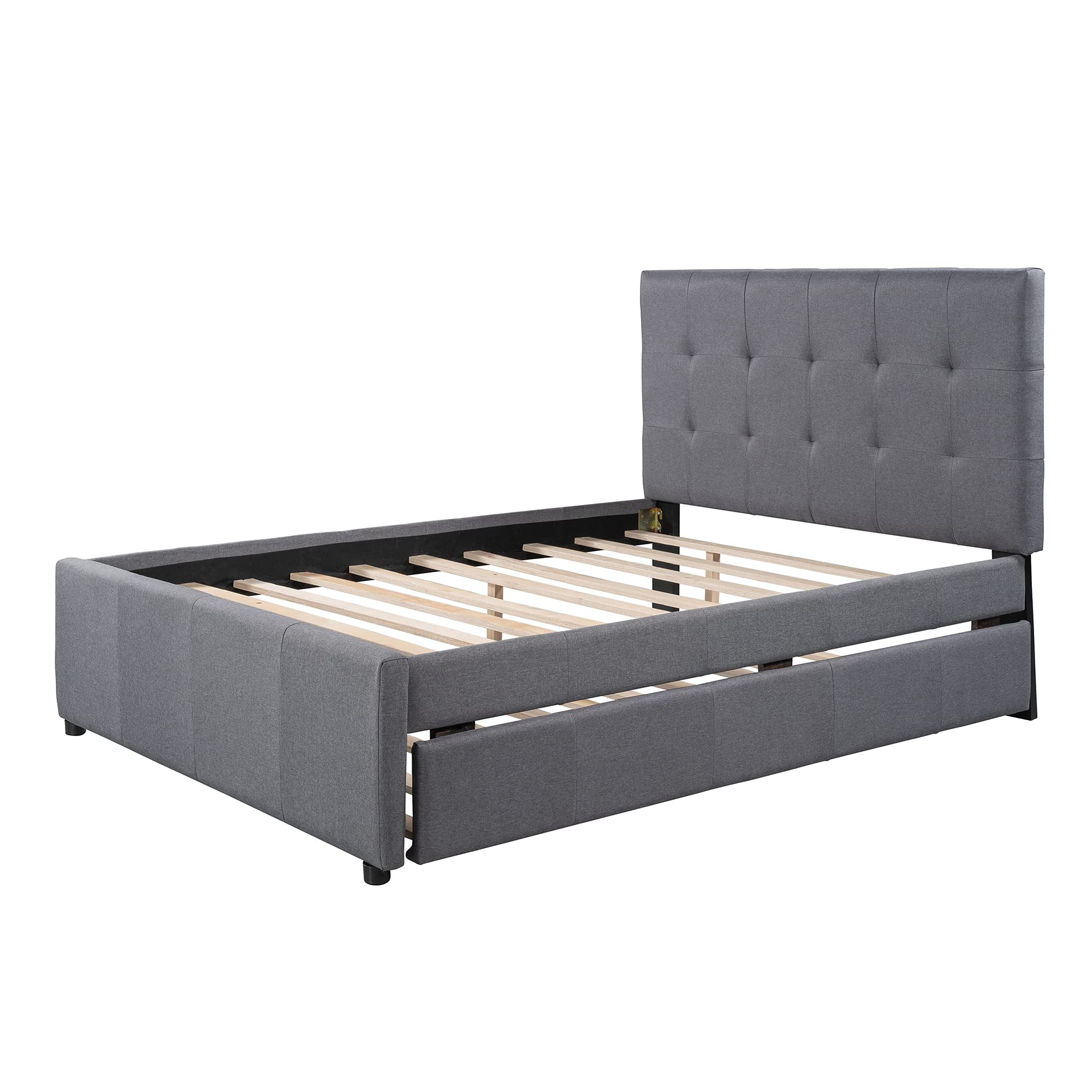 RUNNA Full Size Upholstered Platform Bed Frame with Trundle - No Box Spring Needed, Linen Fabric Headboard for Kids & Teens Bedroom - Perfect for Sleepovers, Small Spaces & Guest Rooms
