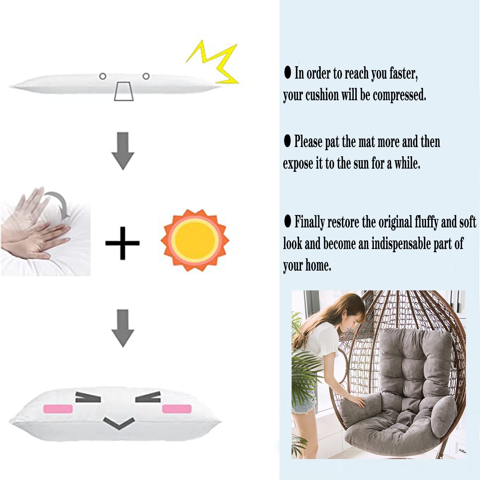 Indoor Outdoor Patio Wicker Hanging Chair Swing - Gray Egg Hammock Chair with Cushions (49x20in) for Bedroom, Balcony, Garden Relaxation