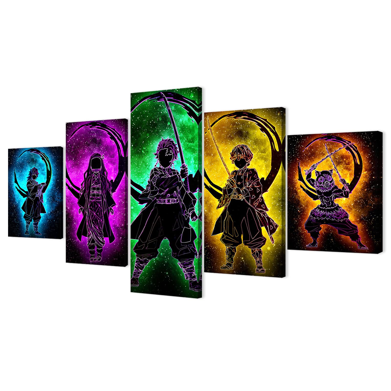 Demon Slayer Anime Wall Art Set - 5 Piece Framed Canvas Prints of Tanjiro, Nezuko & Zenitsu (60x32 Inch) | Japanese Anime Decor for Living Room, Bedroom & Office | Perfect Gift for Anime Fans & Boys