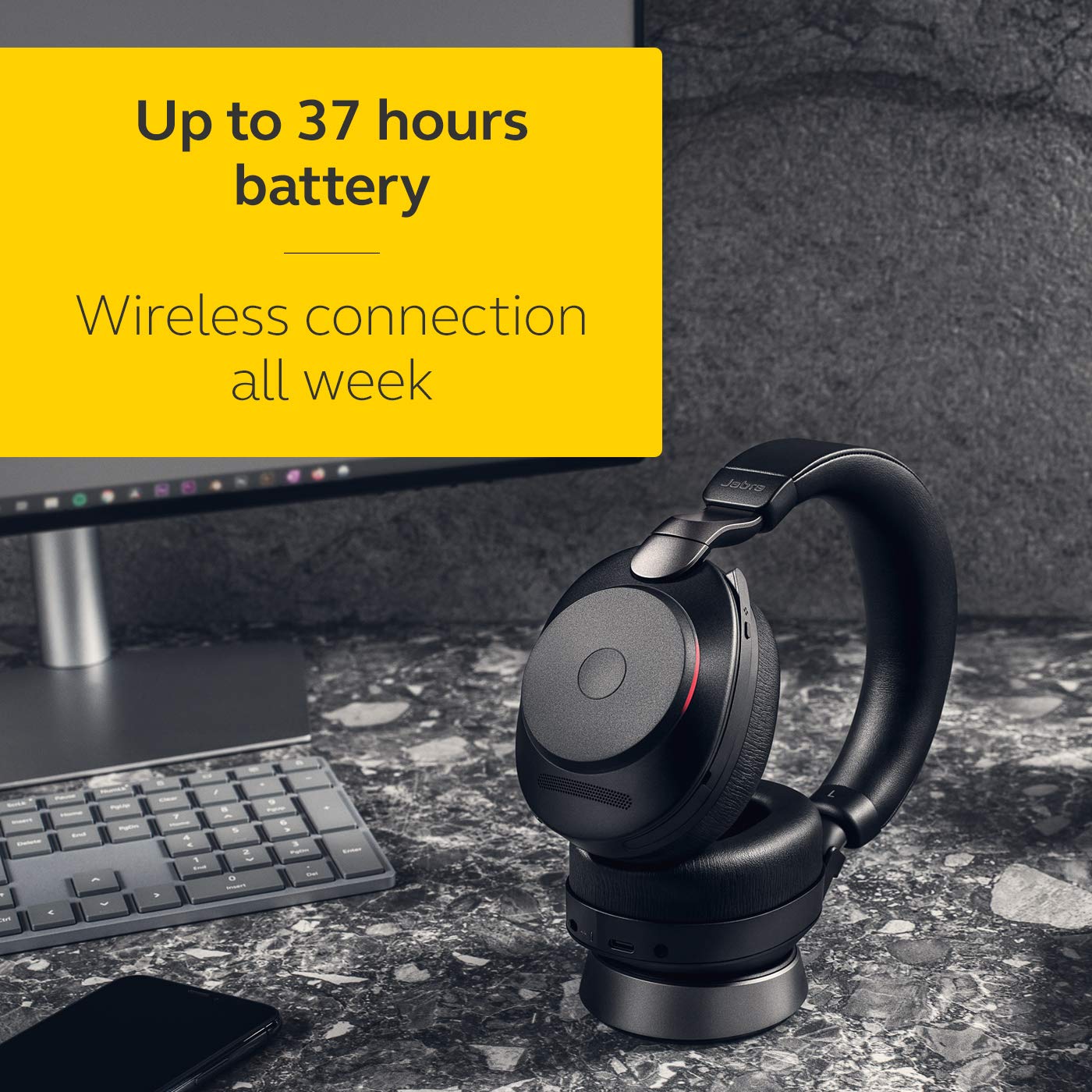 Jabra Evolve2 85 Wireless Noise Cancelling Headphones with Charging Stand – UC Certified Stereo PC Headset, Long Battery Life, USB-C Bluetooth Adapter – Black – Perfect for Home Office, Remote Work & Video Conferencing