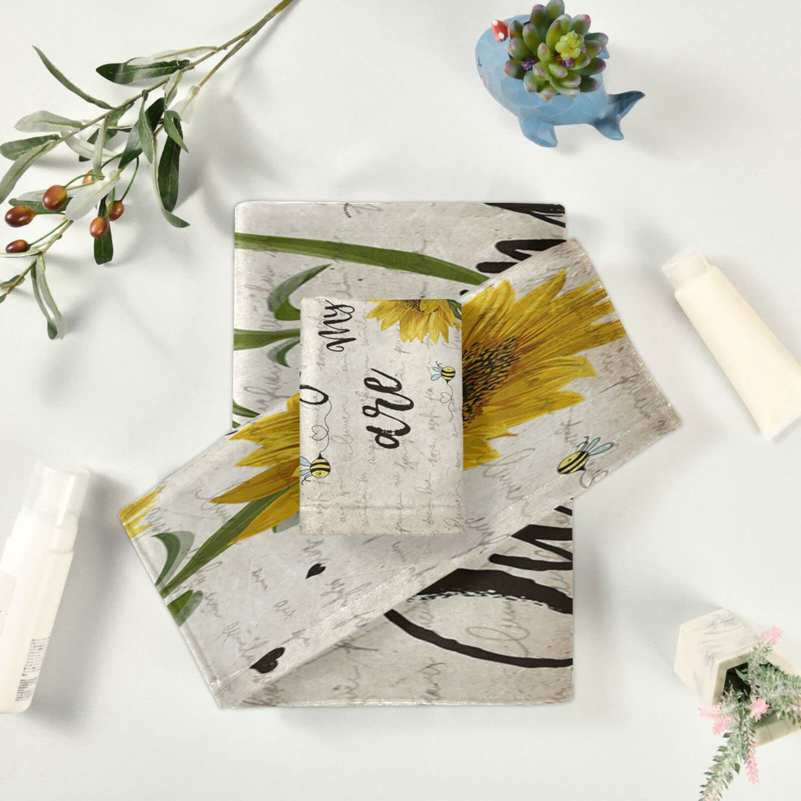 You Are My Sunshine Yellow Sunflower Honey Bees Retro Newspaper Soft Absorbent 3-Piece Bath Towel Set - 1 Bath Towel, 1 Hand Towel, 1 Washcloth - Perfect for Spa, Gym & Farmhouse Bathroom Decor