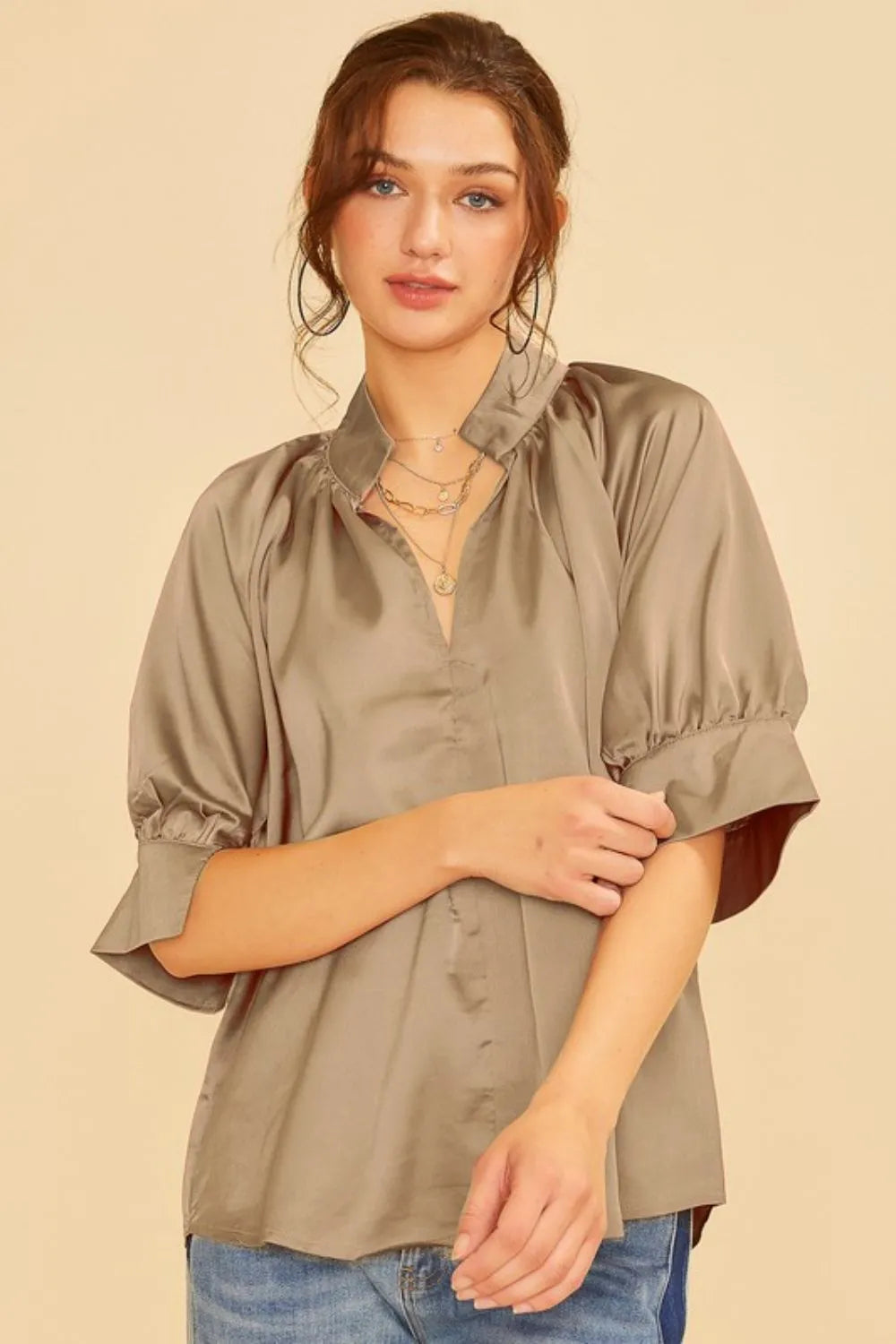 Elegant Satin V-Neck Short Sleeve Blouse for Women - Breathable Woven Resort Top for Summer Vacations, Beach Getaways & Casual Outings