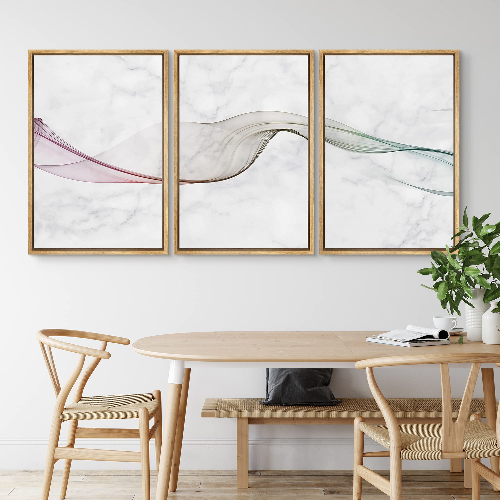 Modern Abstract Pink & Green Smoke Ribbon Canvas Wall Art - Geometric Digital Print for Living Room, Bedroom, Office Decor - 16x24 Inch Framed Minimalist Painting (Perfect for Meditation Spaces & Contemporary Home Styling)