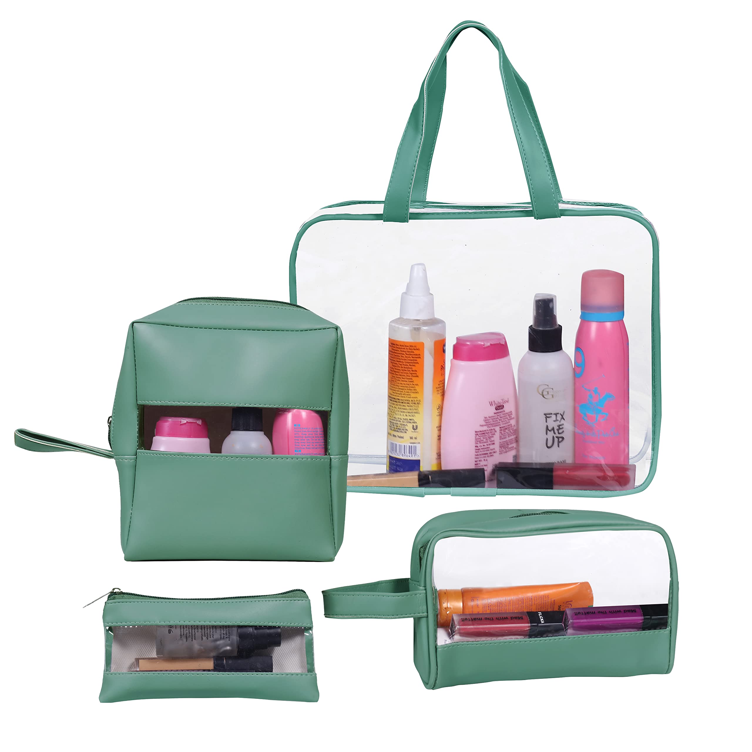 Vegan Leather Cosmetic Organizer Set - 4 Pcs Travel Makeup Pouch for Women (Green) - Perfect for Travel & Daily Use