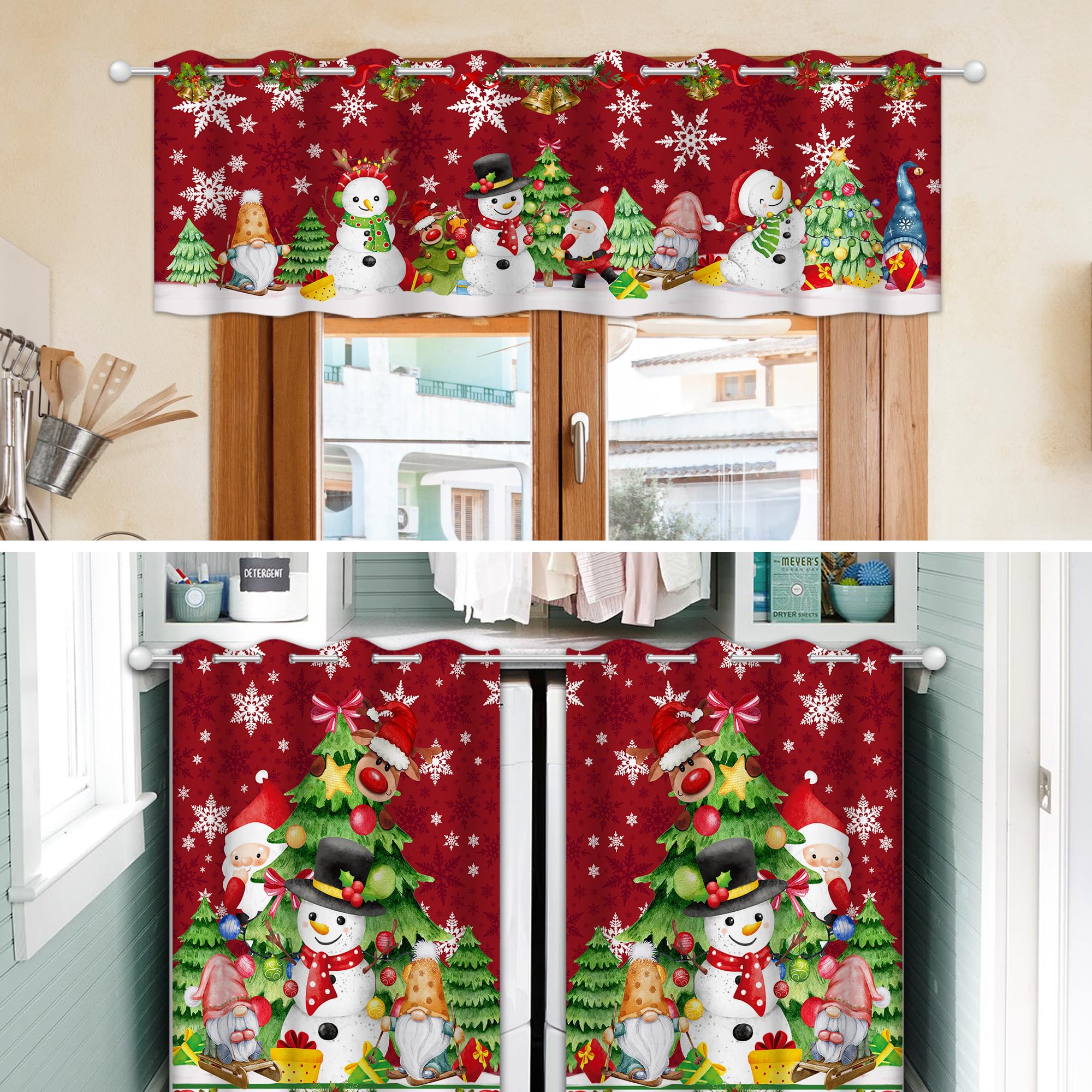 Christmas Kitchen Curtains Set of 3 - Festive Tree, Gnome & Snowflake Design with Valances, 36 Inch Short Window Curtains for Holiday Decor | Perfect for Winter Kitchen, Dining Room & Farmhouse Style Windows
