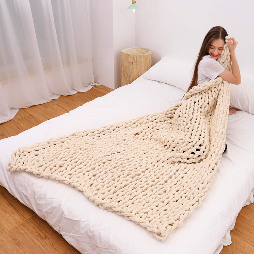 Chunky Knit Blanket - Soft Cozy Giant Chenille Handwoven Throw for Sofa & Bed - Machine Washable Beige Blanket 40