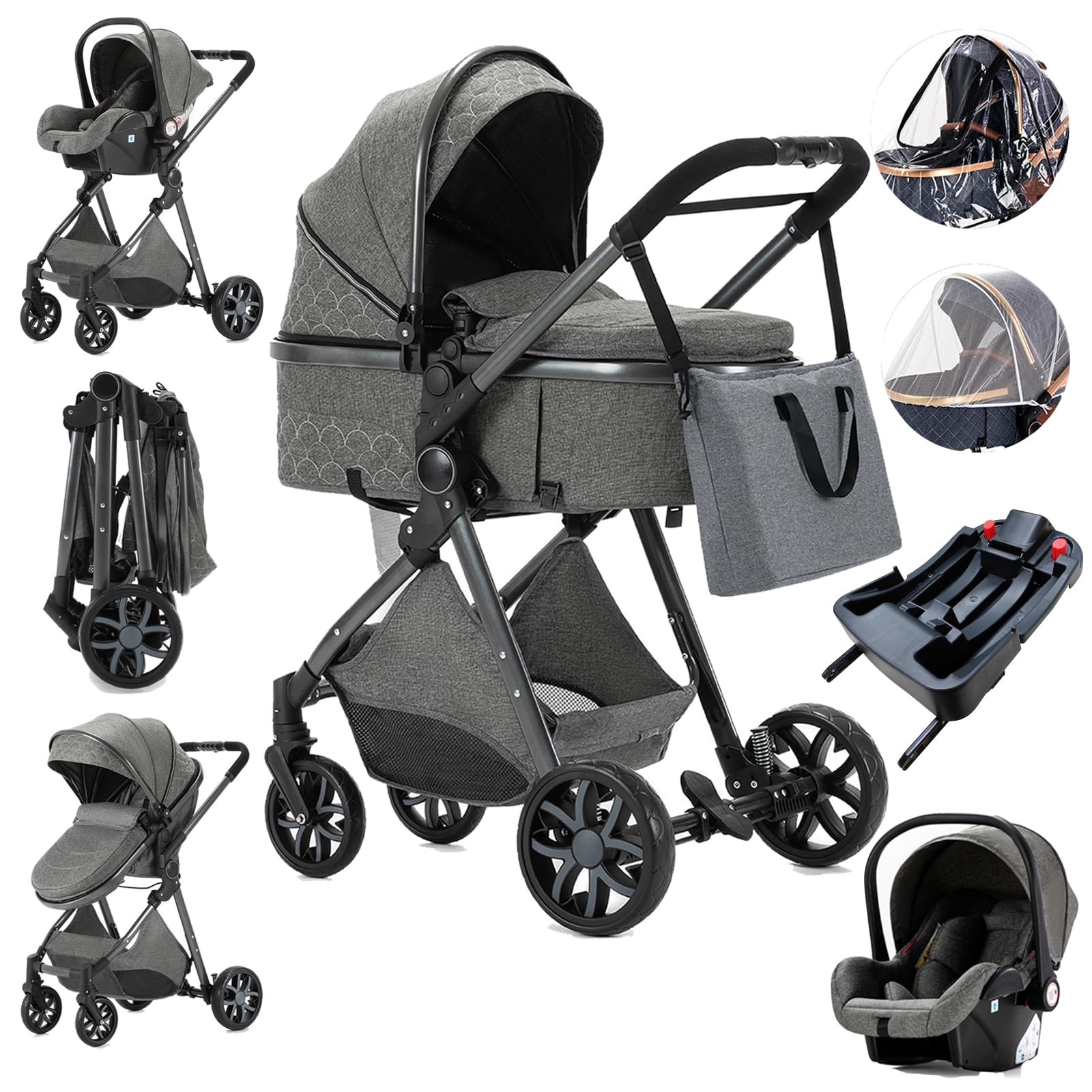 3 in 1 Baby Stroller with Car Seat - Lightweight Travel Stroller, One-Click Fold, Adjustable Recline, High Aluminum Frame (Dark Gray) | Perfect for Newborns, Toddlers & Airplane Travel