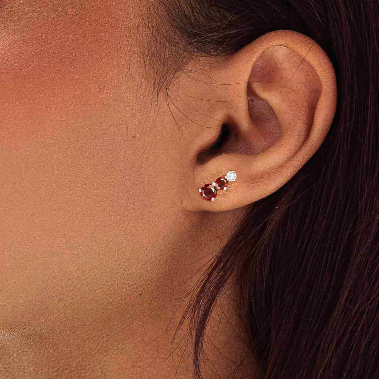 Red Ruby Three Round Gemstone Stud Earrings for Women - 14K Gold Plated Elegant Jewelry Gift for Birthday, Anniversary & Special Occasions