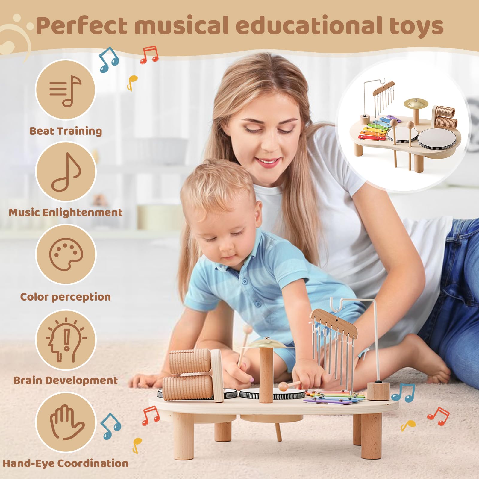 **Promise Babe Wooden Musical Instruments for Toddlers 1-3 Years - Kids Percussion Set with Drum & Xylophone - Montessori Educational Toys for Boys & Girls Ages 3+ - Perfect for Early Learning, Playtime & Birthday Gifts**